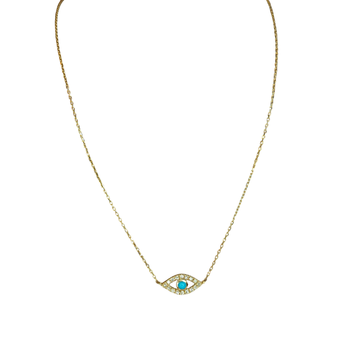 14kt Gold Chain with natural diamond and turquoise Turkish evil eye pendant