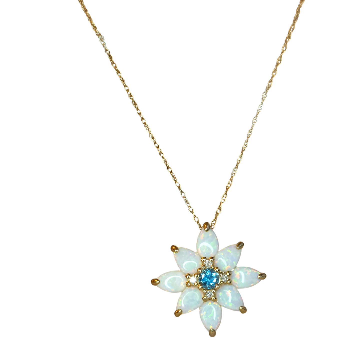 10kt Gold Chain with opal, topaz and natural diamond flower pendant