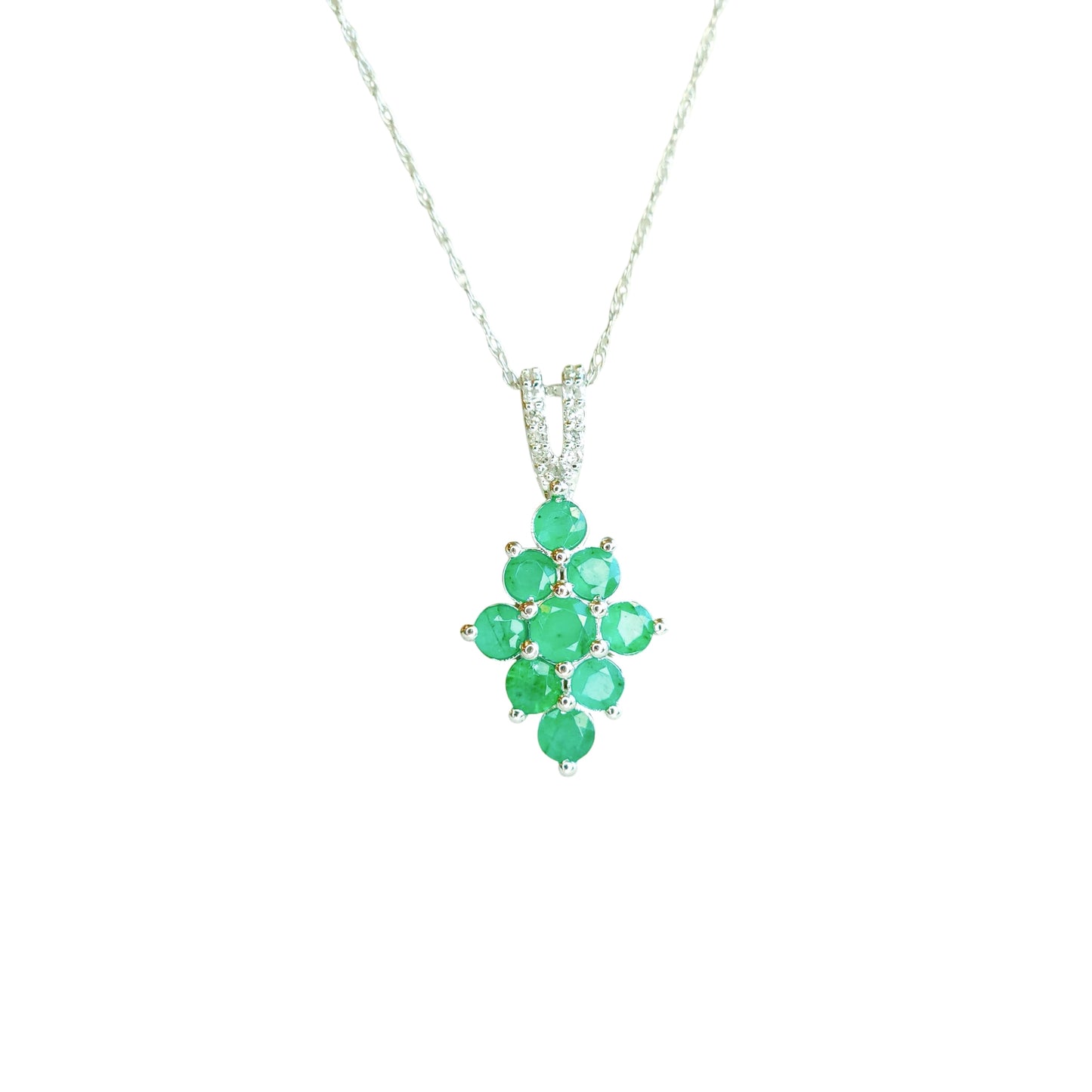 10kt White Gold Chain with natural Colombian emerald pendant and natural diamonds