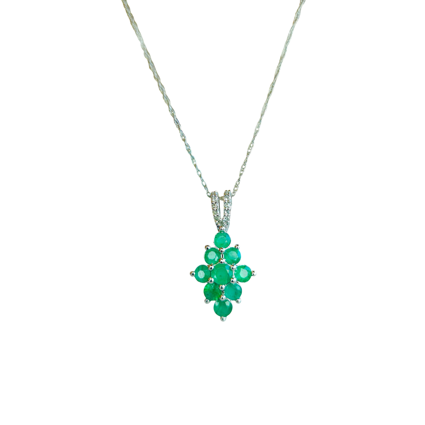 10kt White Gold Chain with natural Colombian emerald pendant and natural diamonds
