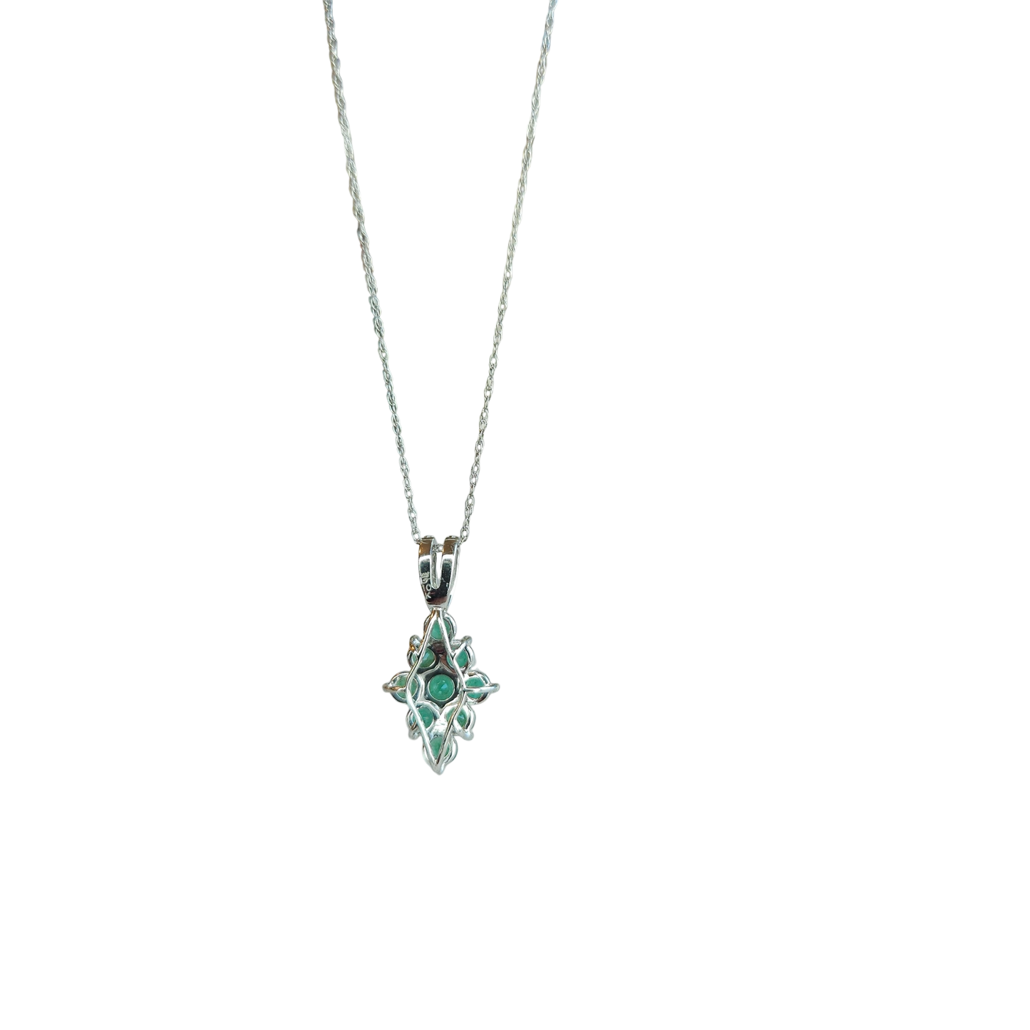 10kt White Gold Chain with natural Colombian emerald pendant and natural diamonds