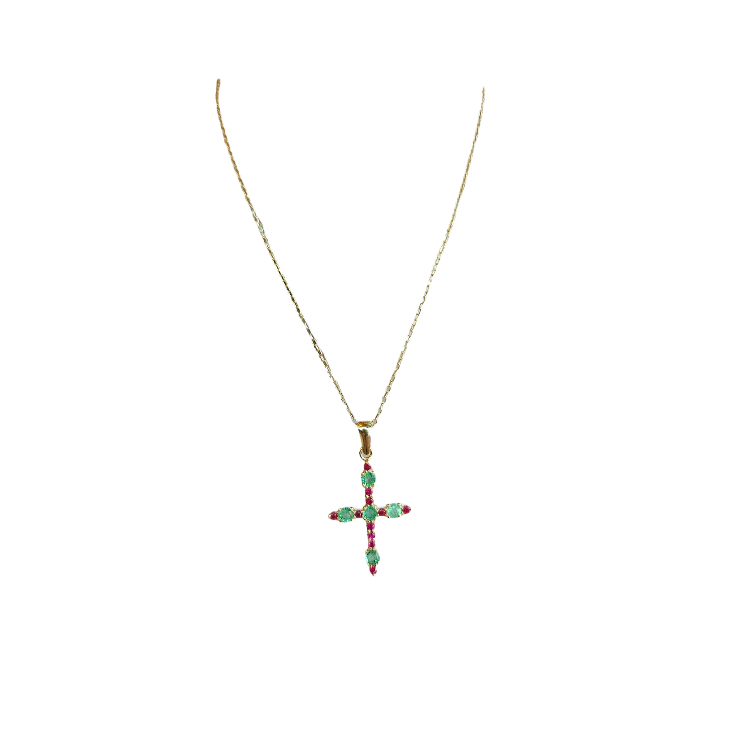 18kt Gold Chain with a cross pendant made of natural Colombian emeralds and natural rubies