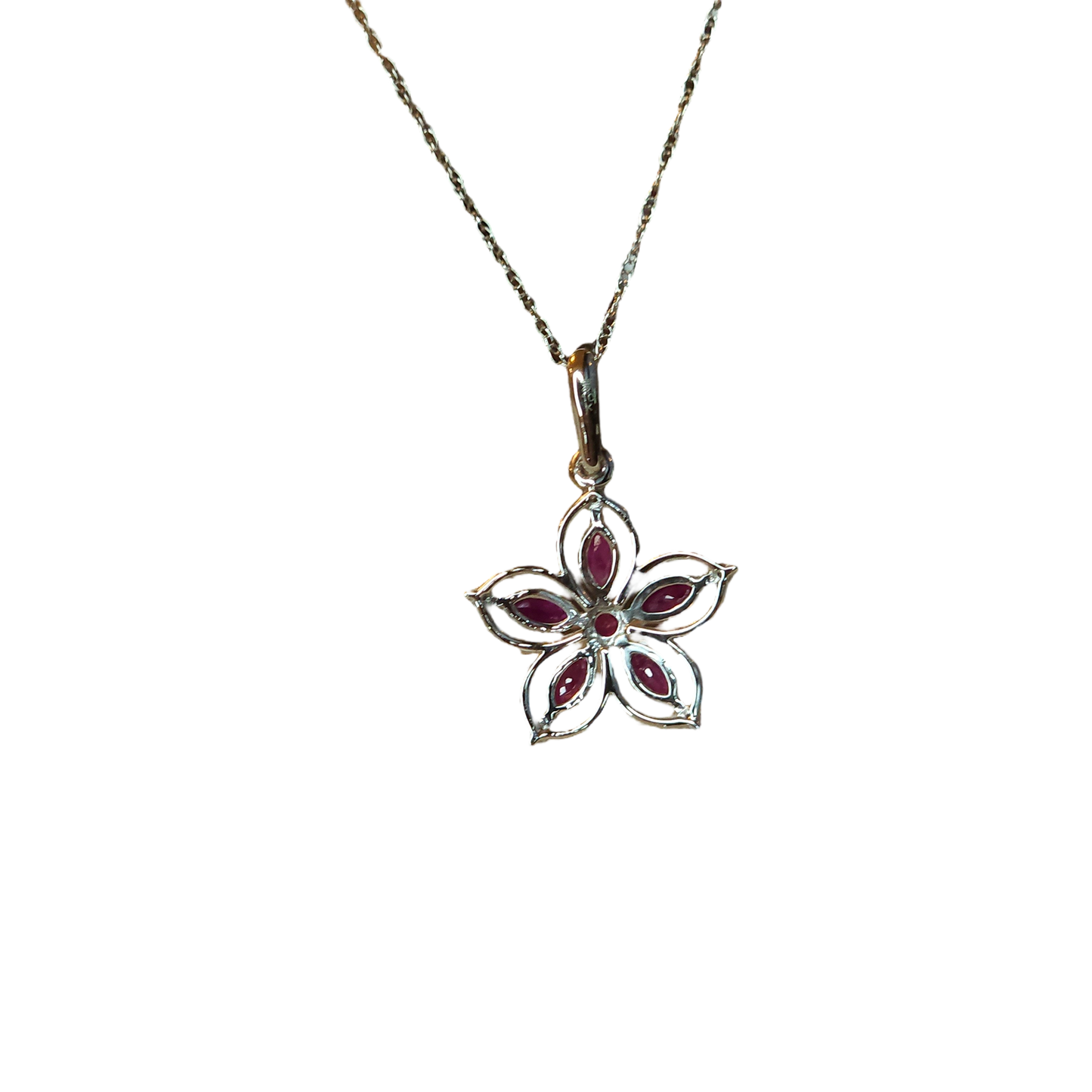 10kt White Gold Chain with ruby flower pendant and natural diamonds