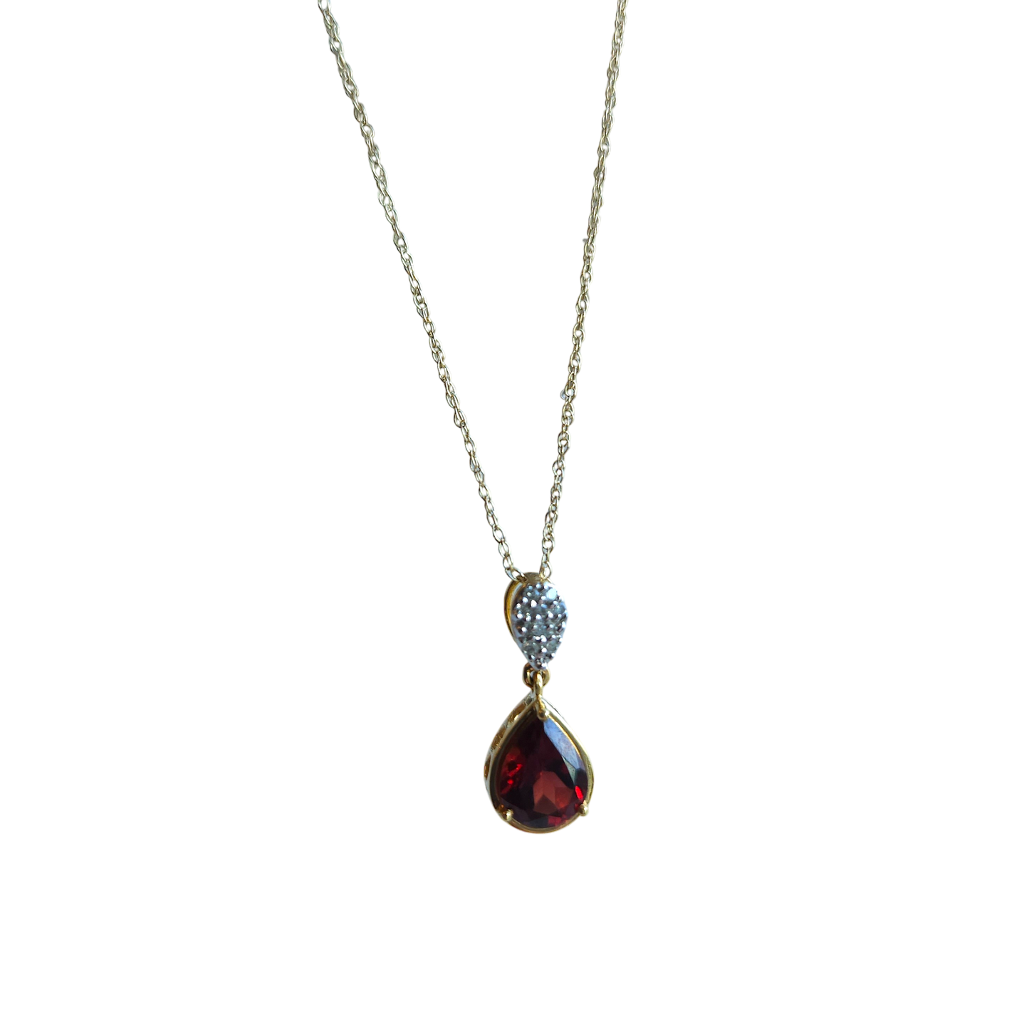 10kt Gold Drop chain with Garnet pendant (natural semiprecious stone) and white natural diamonds
