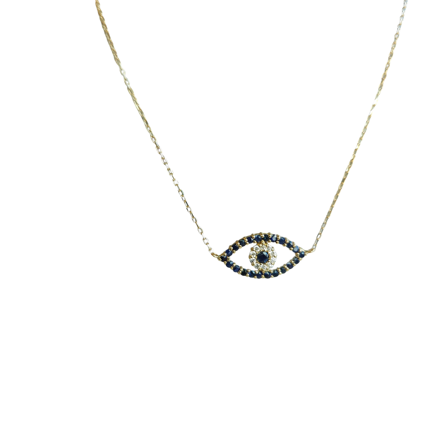18kt Gold Chain with Turkish eye pendant made of Sapphires and diamonds.