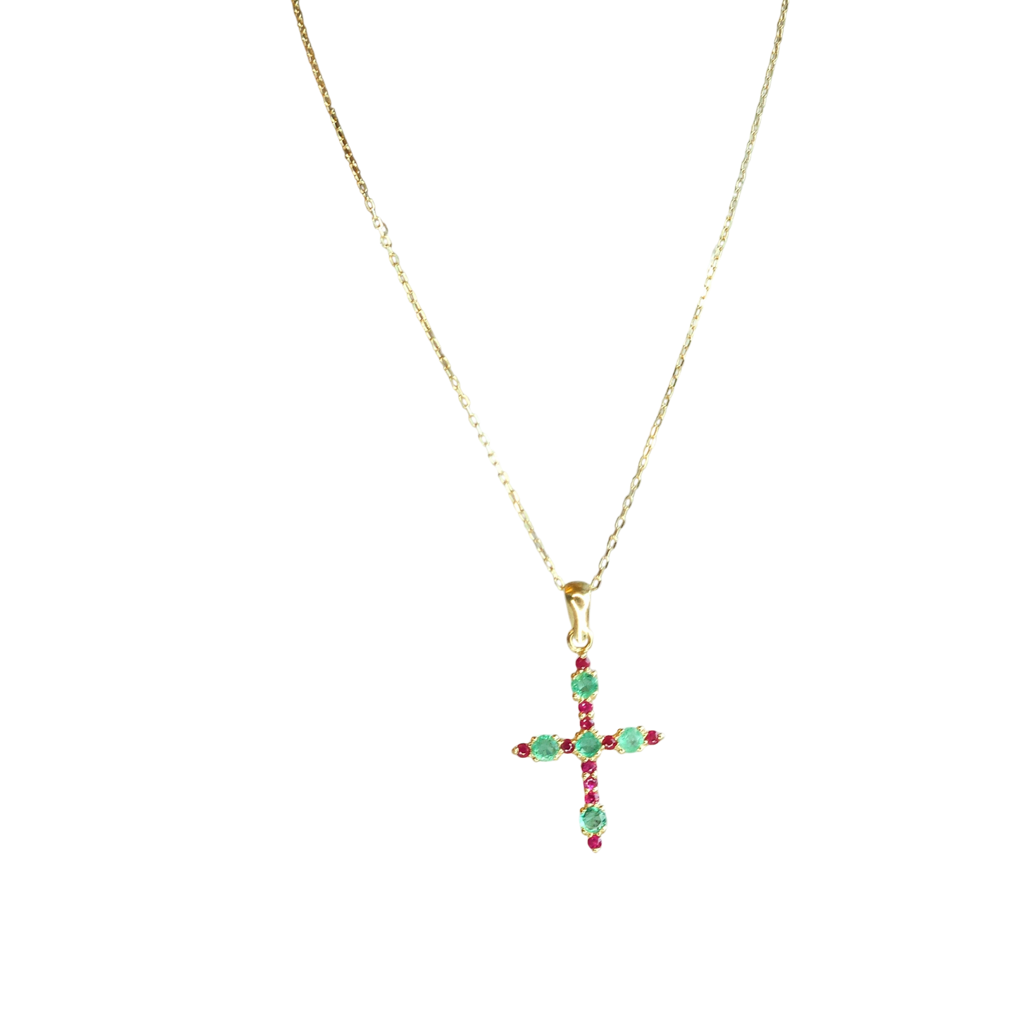 18kt Gold Chain with a cross pendant made of natural Colombian emeralds and natural rubies
