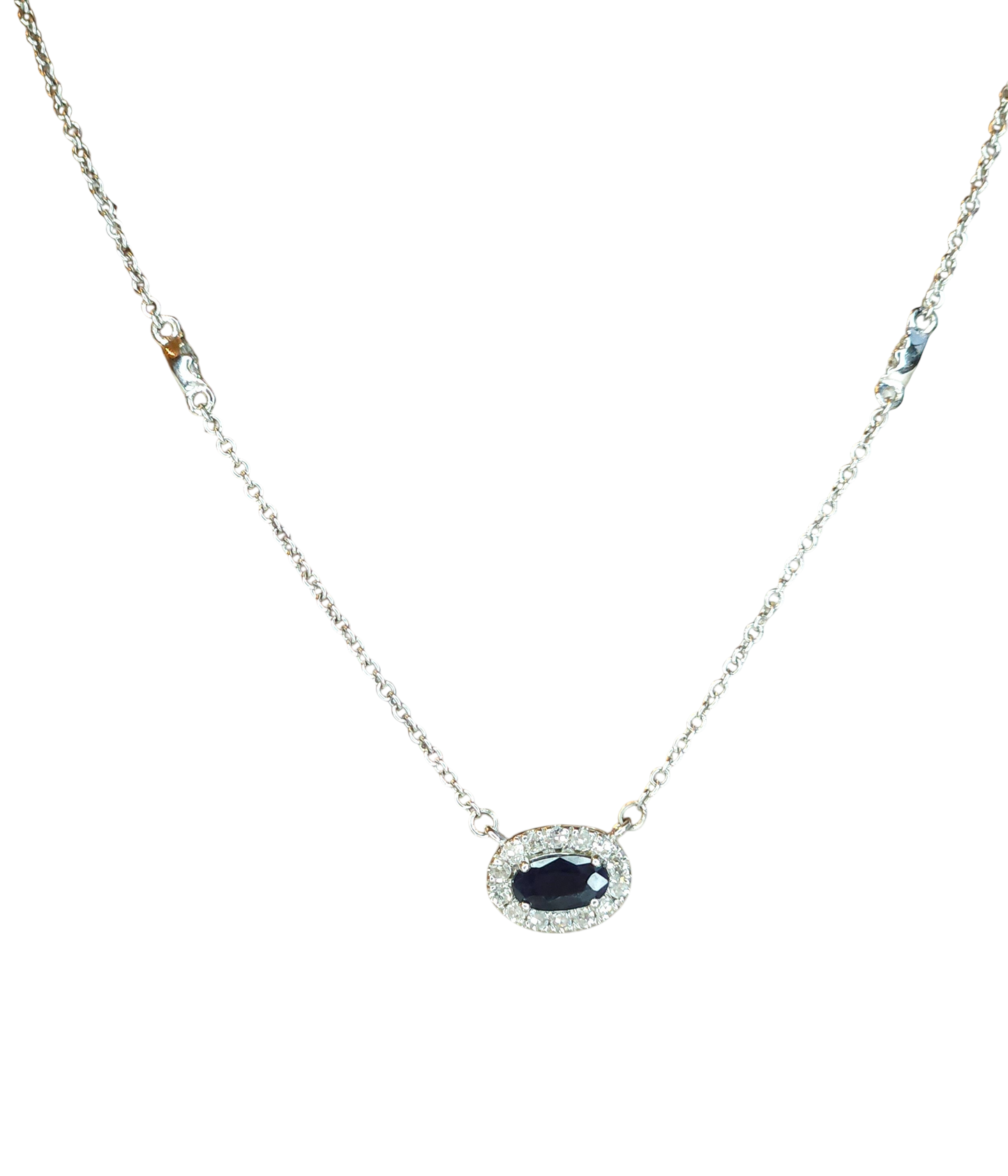10kt White Gold Chain with sapphire and natural diamond pendant