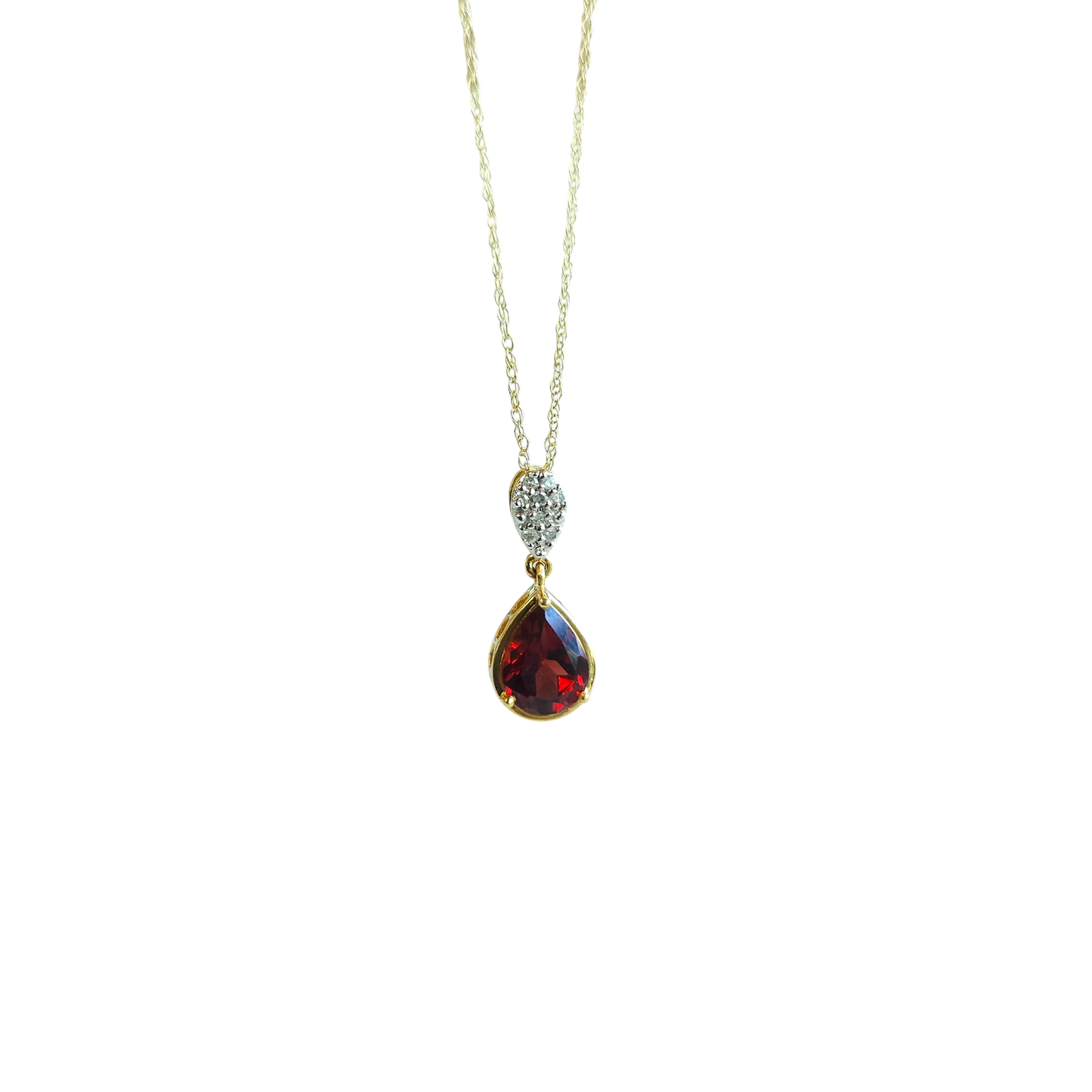 10kt Gold Drop chain with Garnet pendant (natural semiprecious stone) and white natural diamonds
