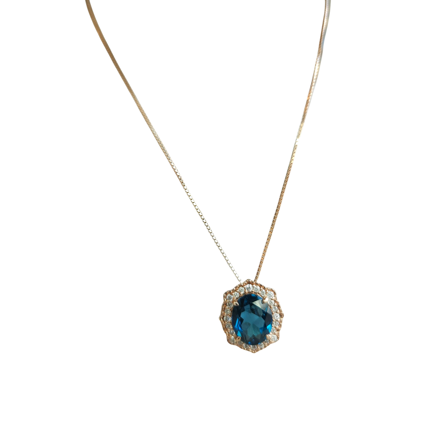 10kt Rose Gold. Chain with London Blue Topaz and Natural Diamond Pendant