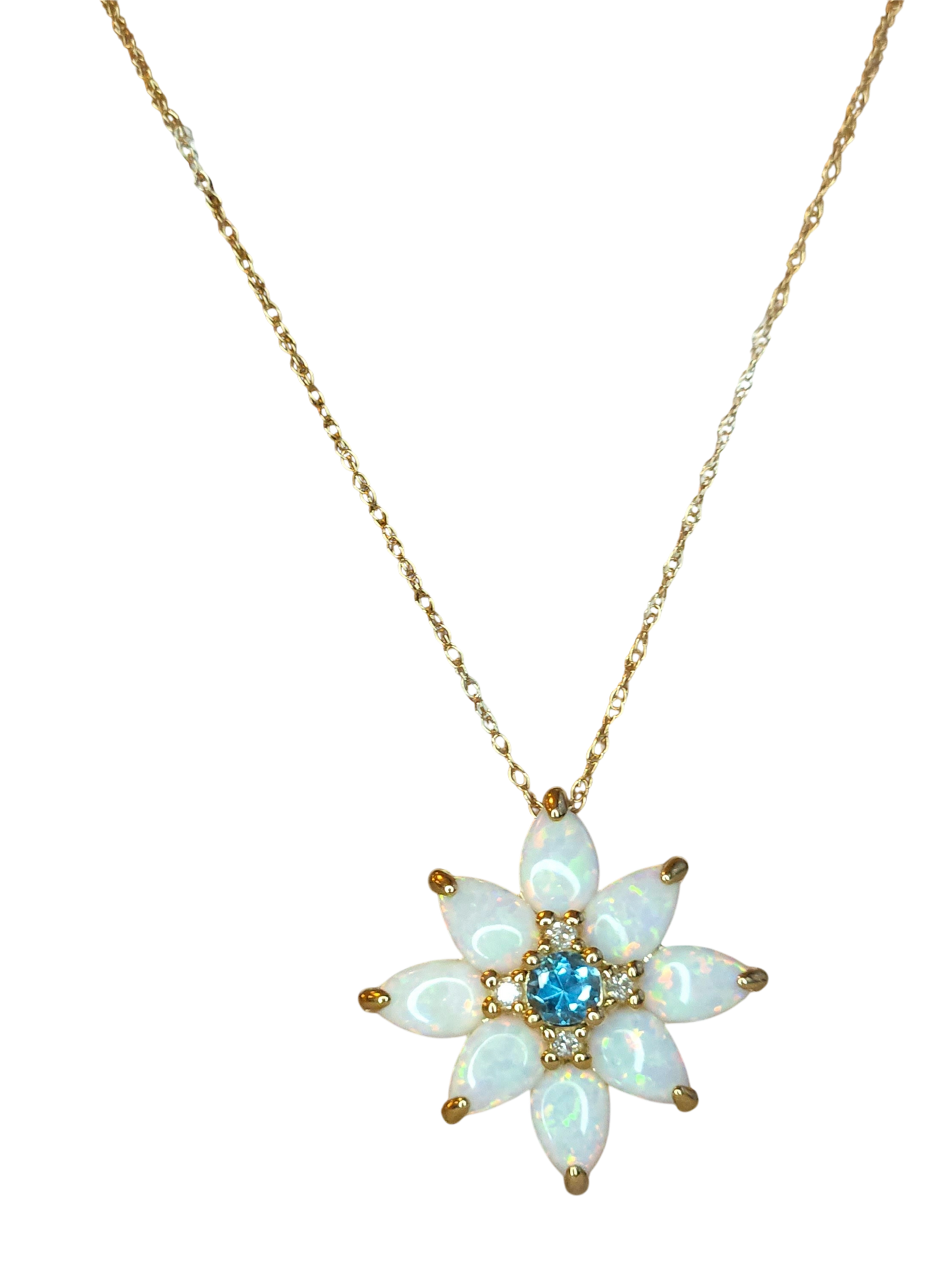 10kt Gold Chain with opal, topaz and natural diamond flower pendant