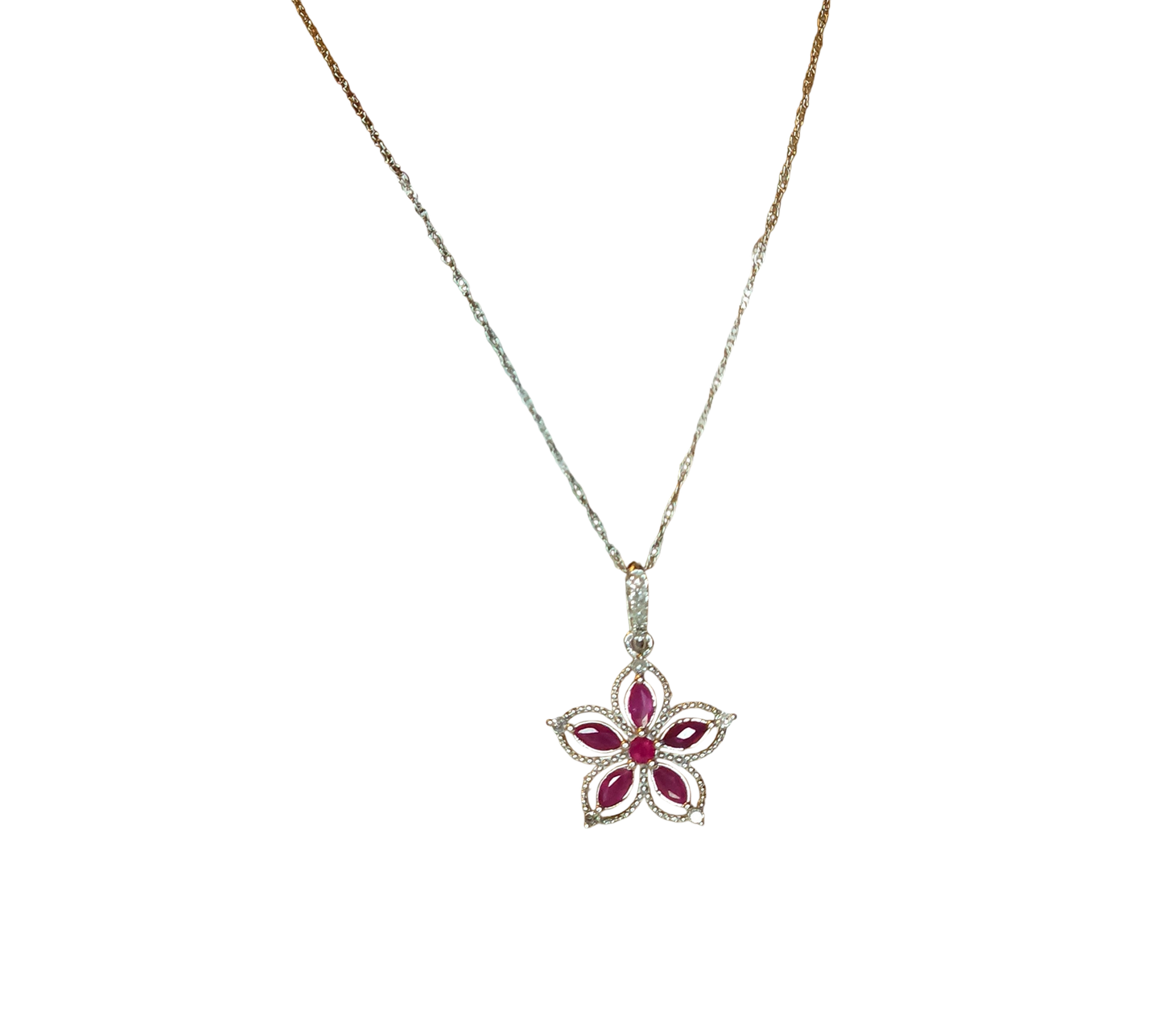 10kt White Gold Chain with ruby flower pendant and natural diamonds