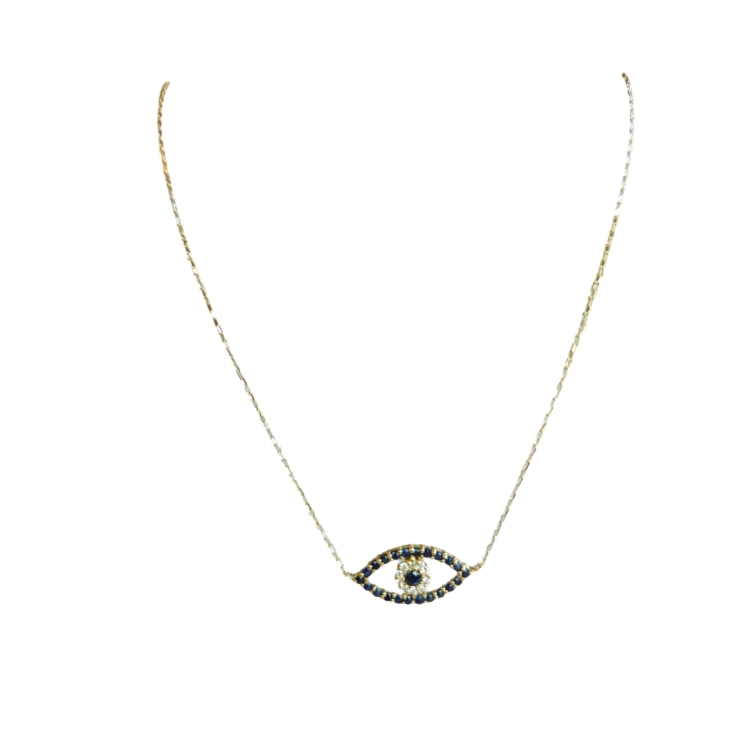 18kt Gold Chain with Turkish eye pendant made of Sapphires and diamonds.