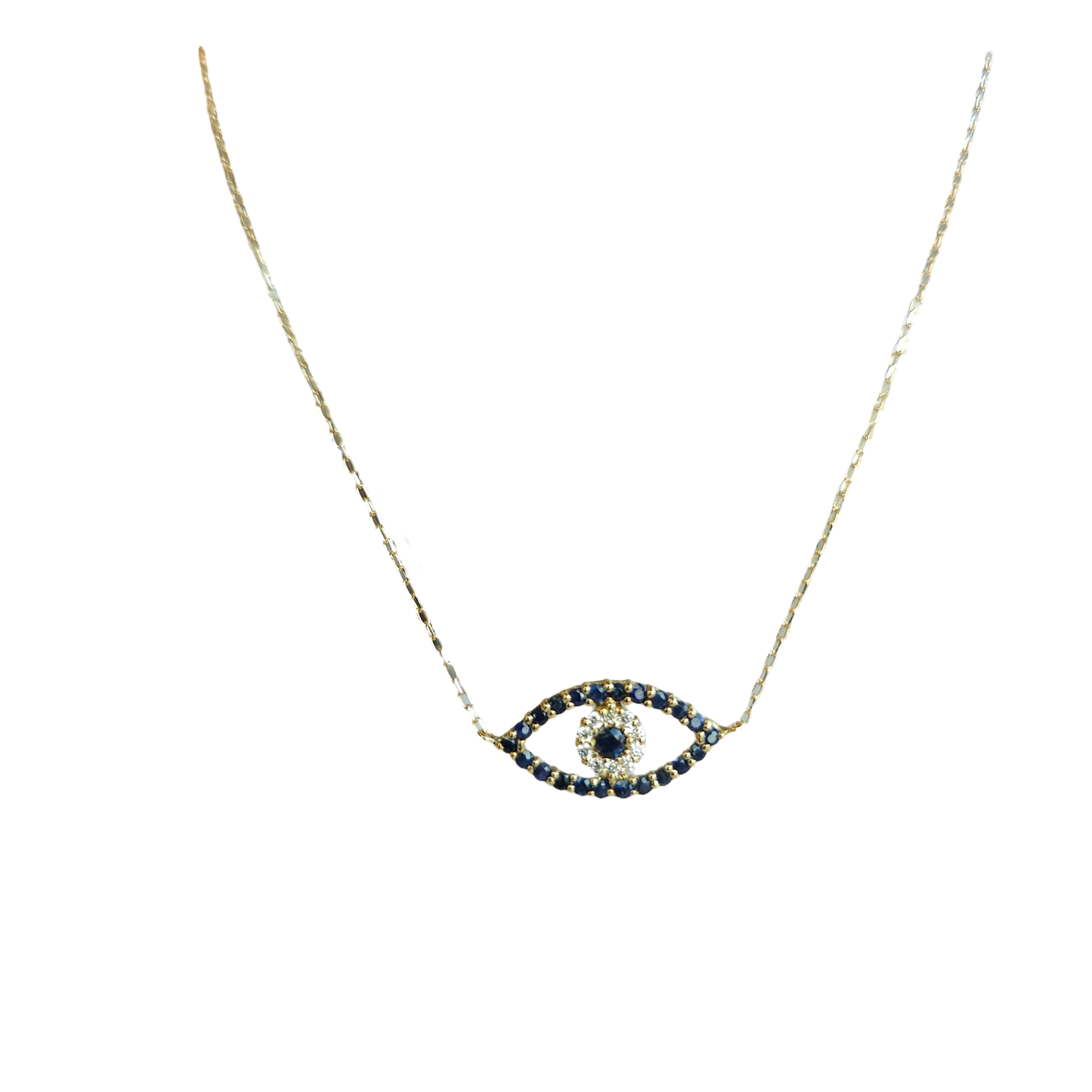 18kt Gold Chain with Turkish eye pendant made of Sapphires and diamonds.