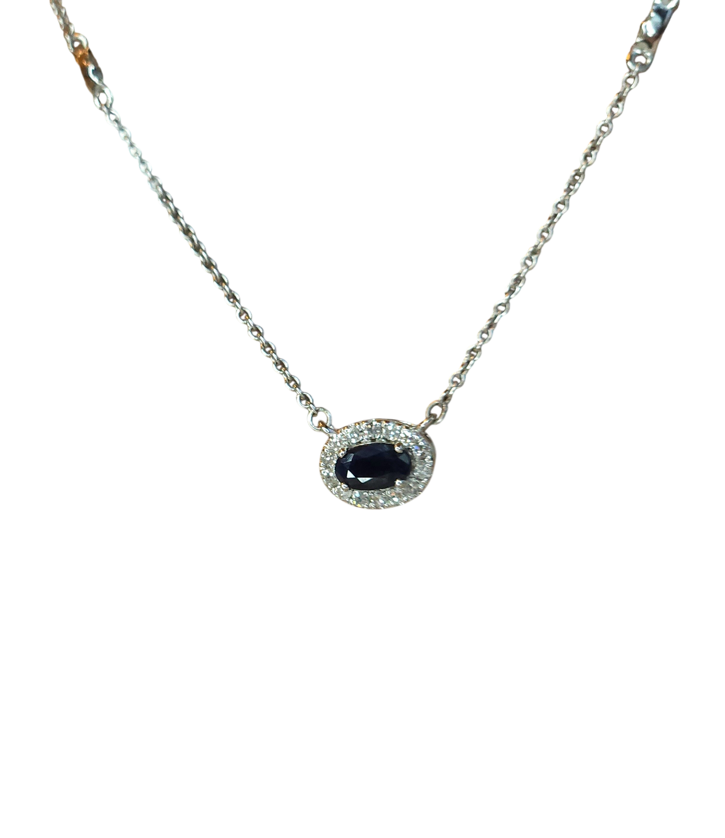 10kt White Gold Chain with sapphire and natural diamond pendant