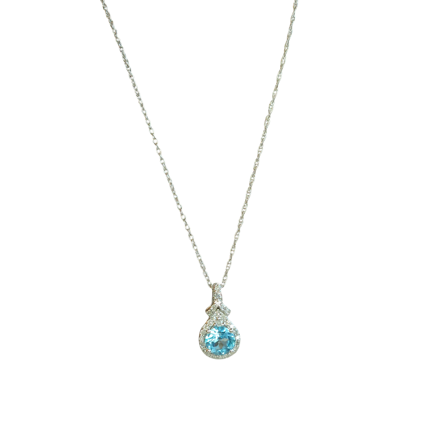 14kt White Gold Chain with blue topaz and natural diamond pendant