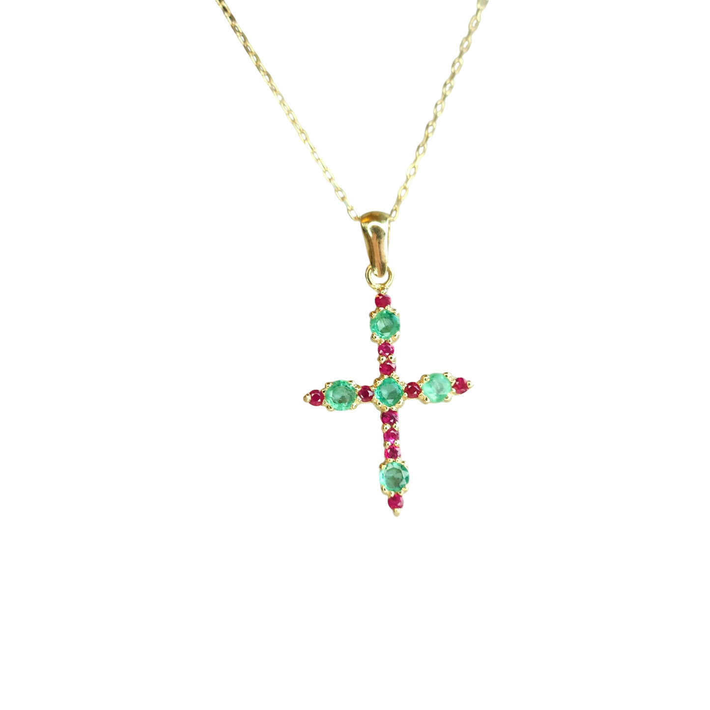 18kt Gold Chain with a cross pendant made of natural Colombian emeralds and natural rubies
