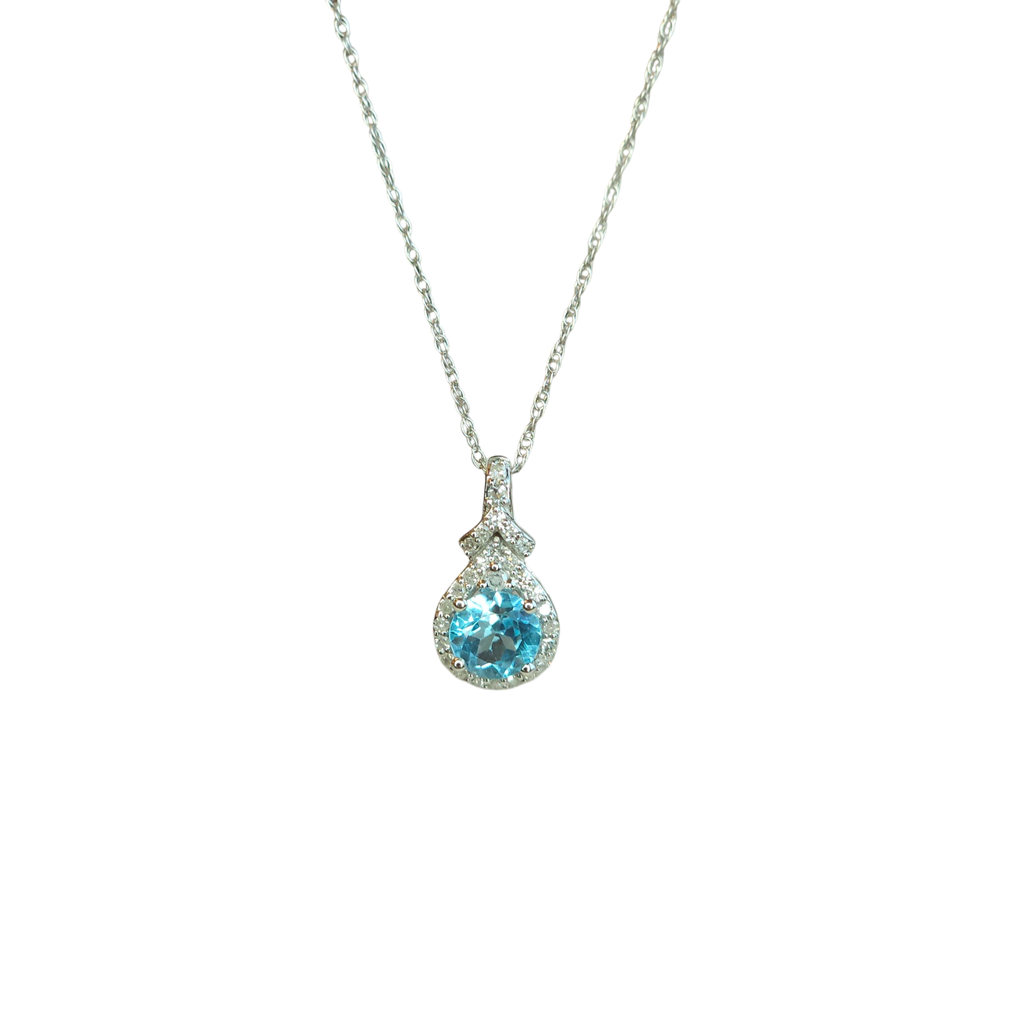14kt White Gold Chain with blue topaz and natural diamond pendant