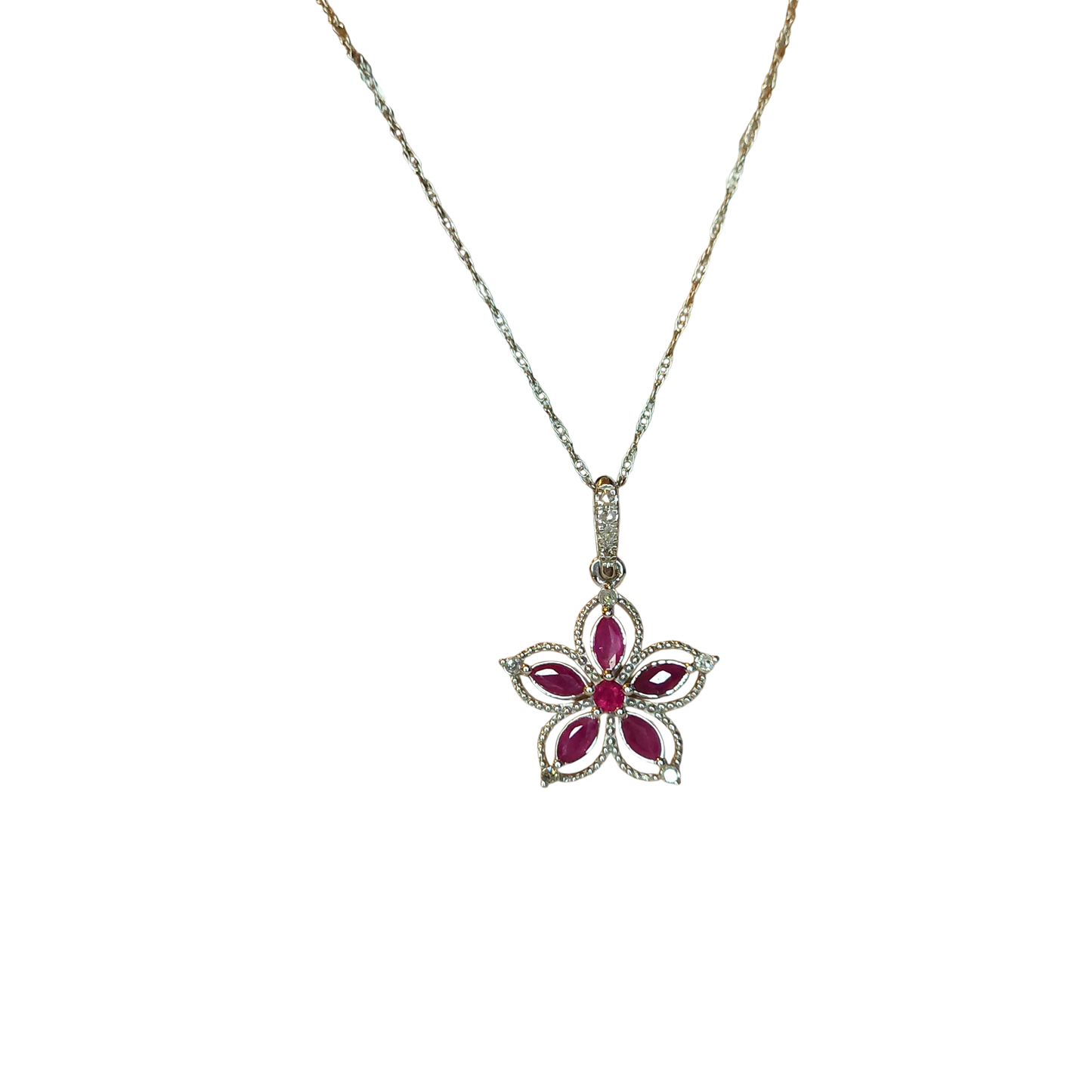 10kt White Gold Chain with ruby flower pendant and natural diamonds