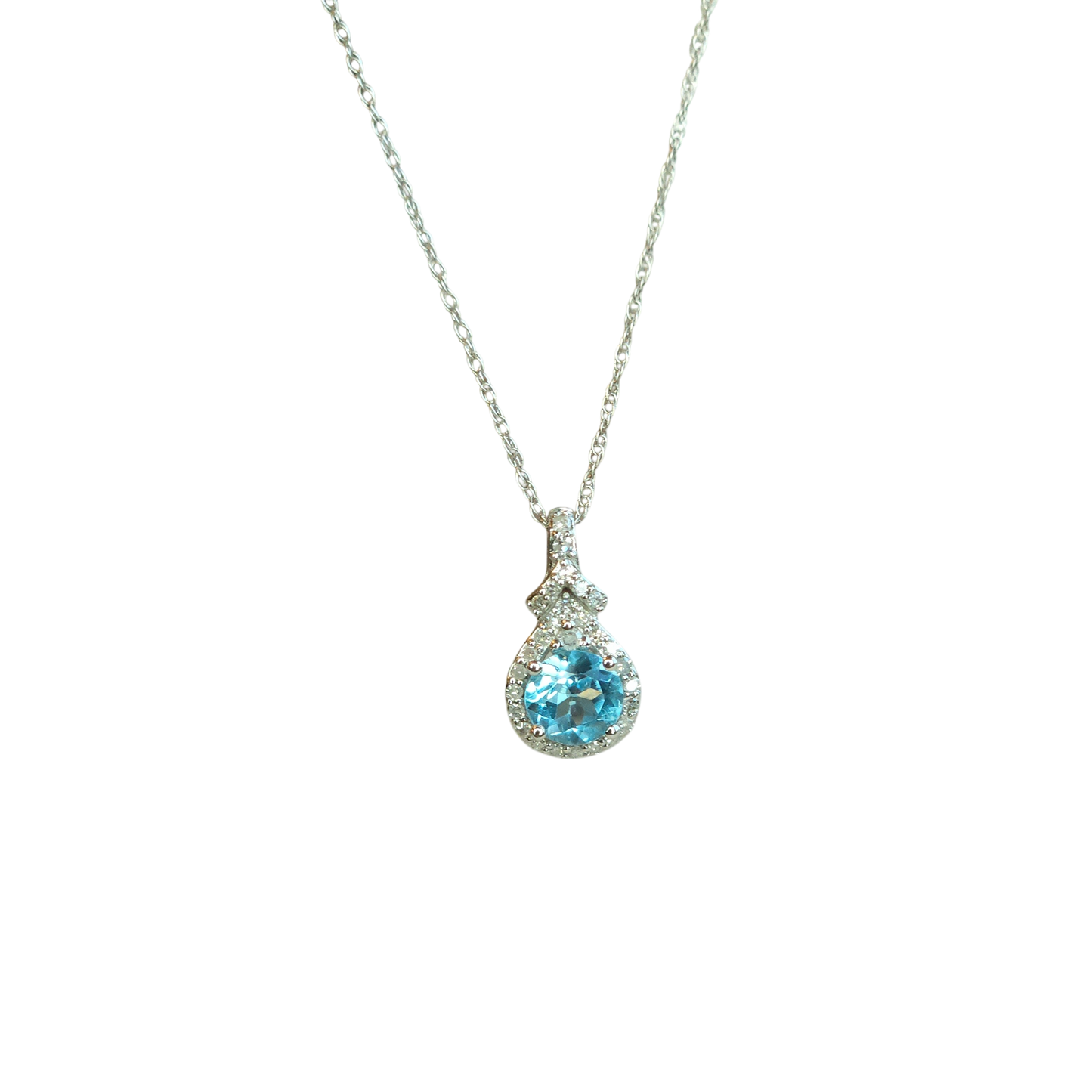 14kt White Gold Chain with blue topaz and natural diamond pendant