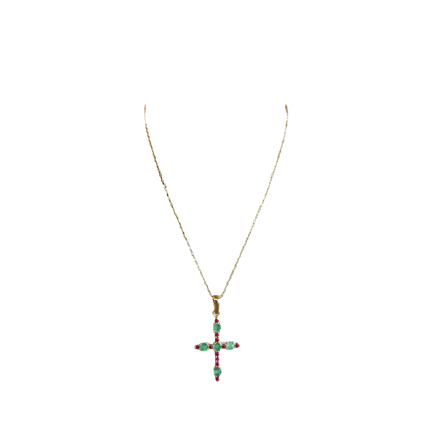 18kt Gold Chain with a cross pendant made of natural Colombian emeralds and natural rubies