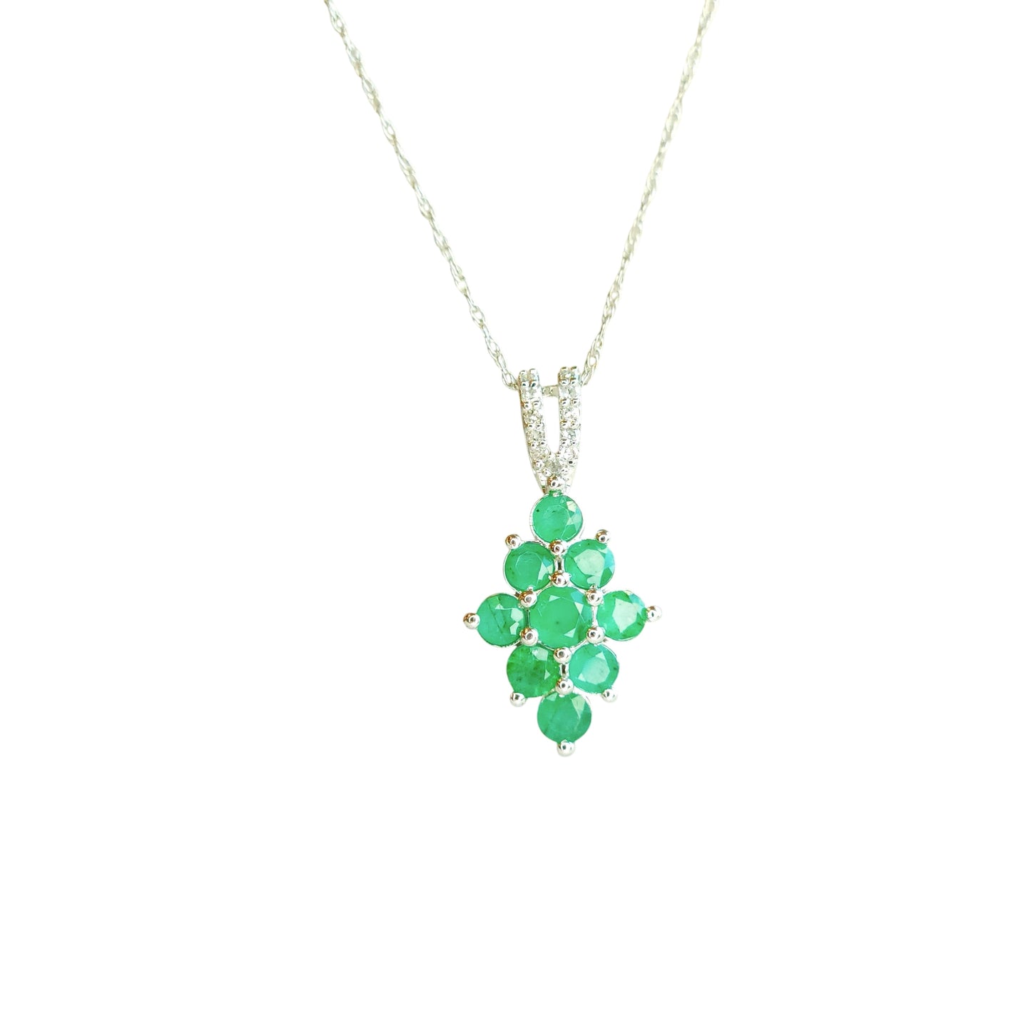 10kt White Gold Chain with natural Colombian emerald pendant and natural diamonds