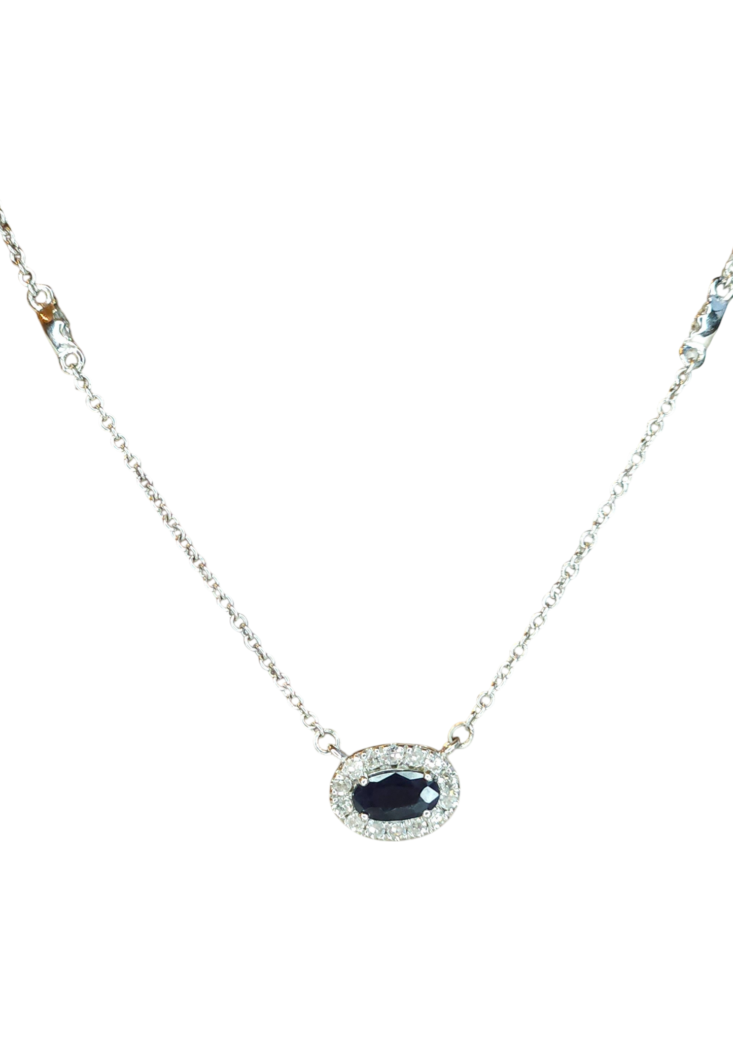 10kt White Gold Chain with sapphire and natural diamond pendant
