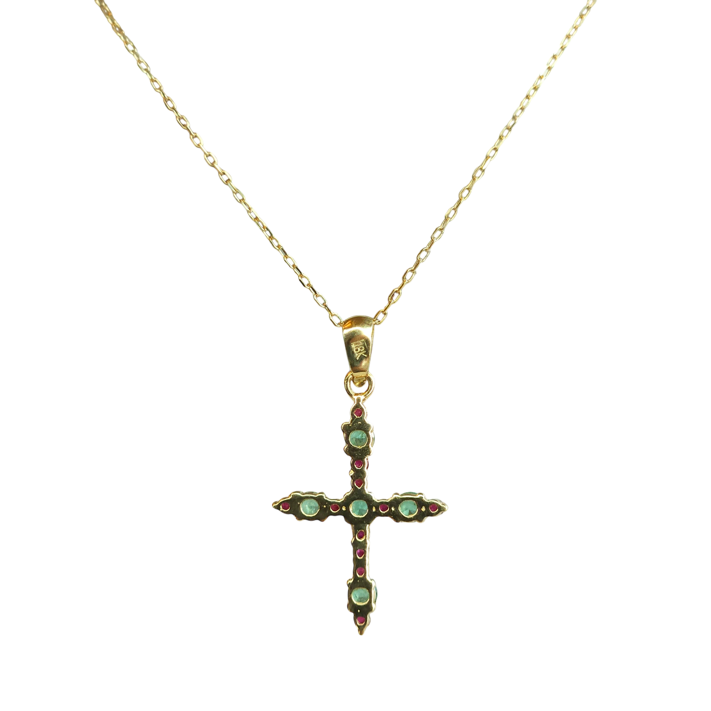 18kt Gold Chain with a cross pendant made of natural Colombian emeralds and natural rubies
