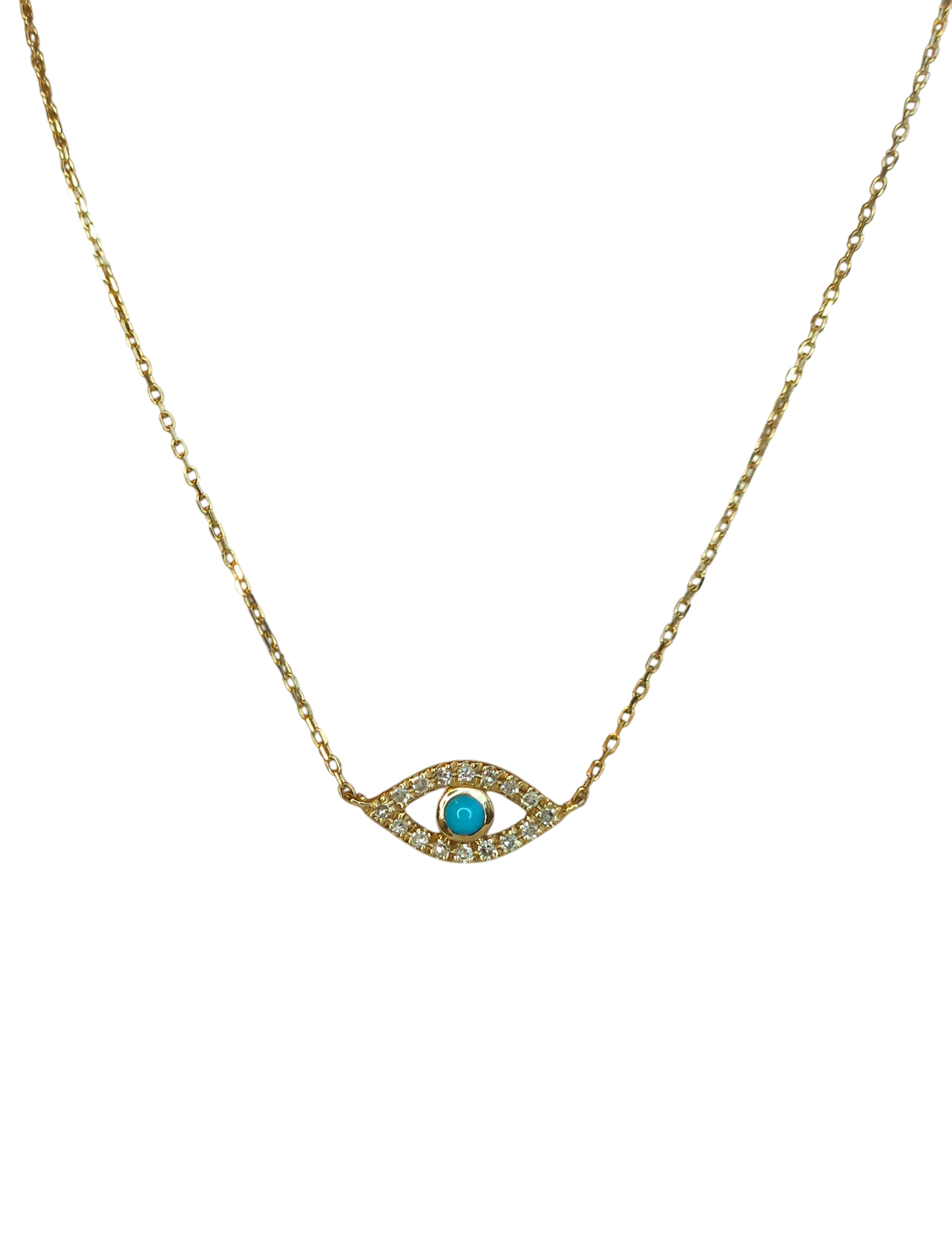 14kt Gold Chain with natural diamond and turquoise Turkish evil eye pendant