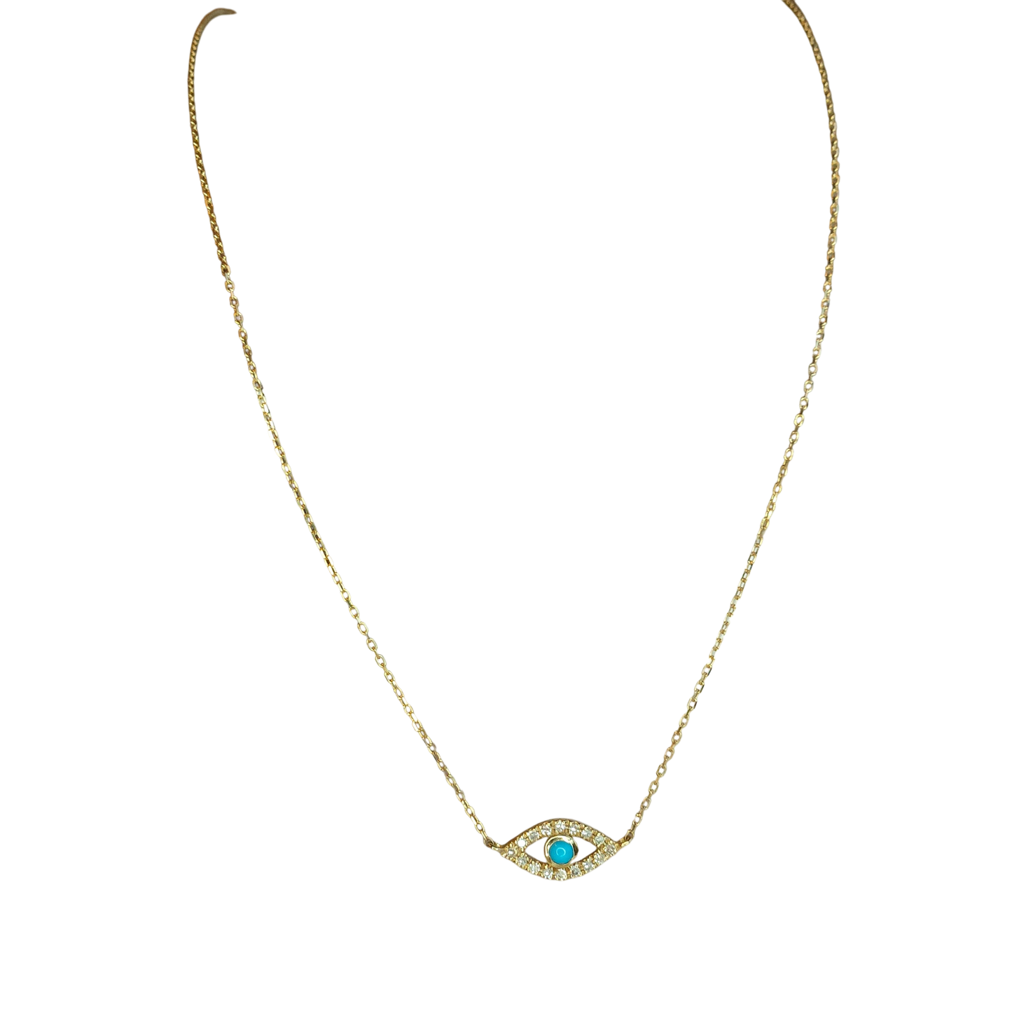 14kt Gold Chain with natural diamond and turquoise Turkish evil eye pendant