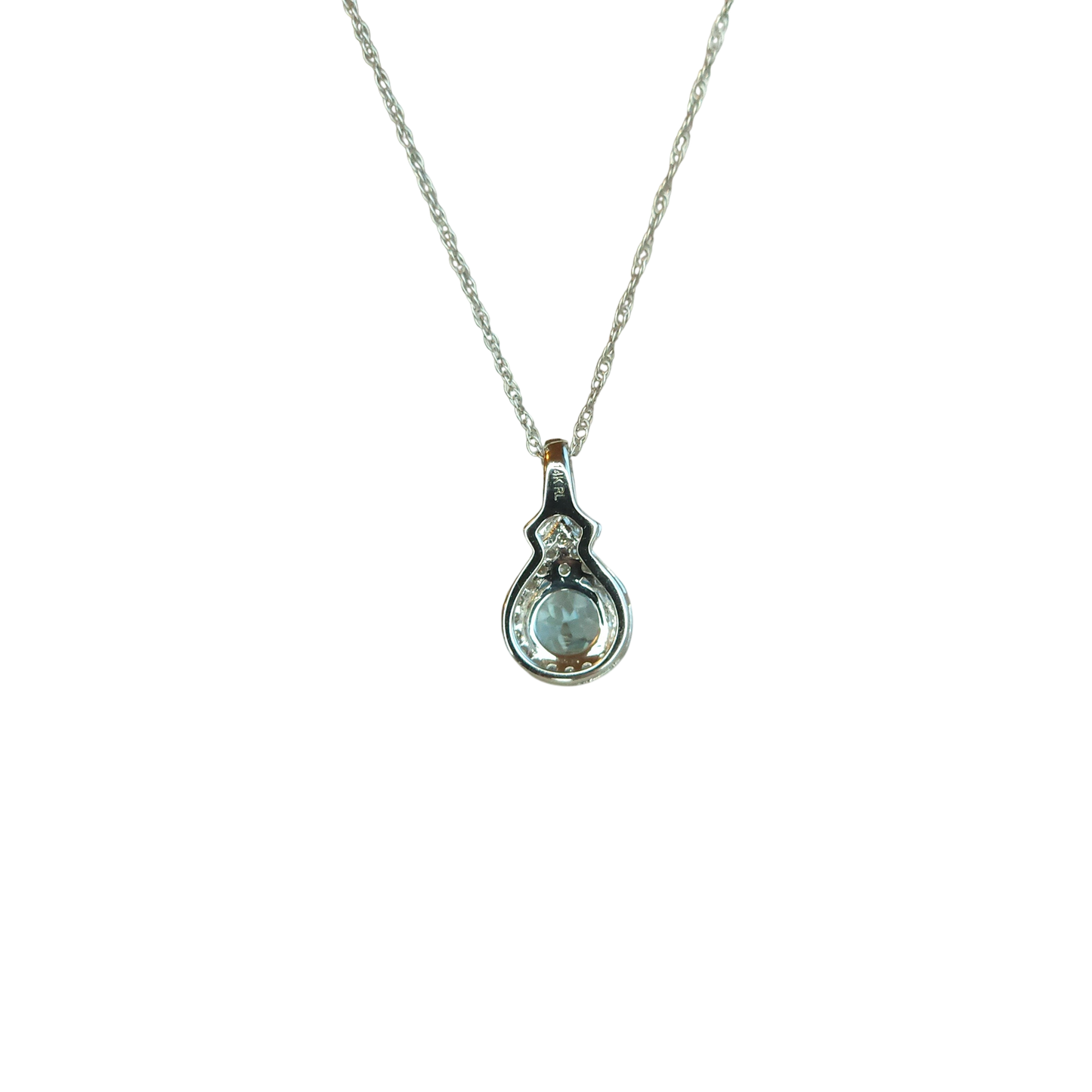 14kt White Gold Chain with blue topaz and natural diamond pendant