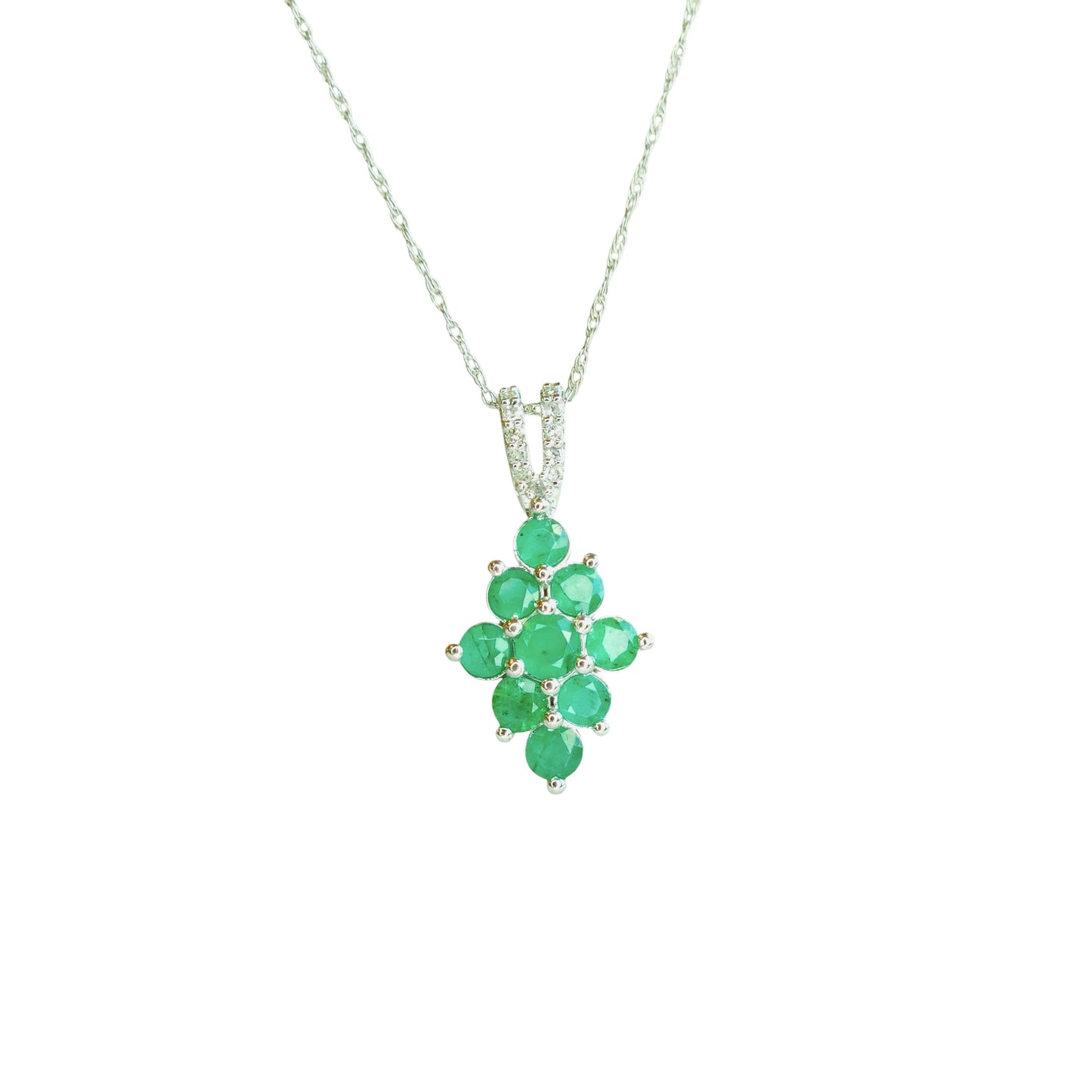 10kt White Gold Chain with natural Colombian emerald pendant and natural diamonds