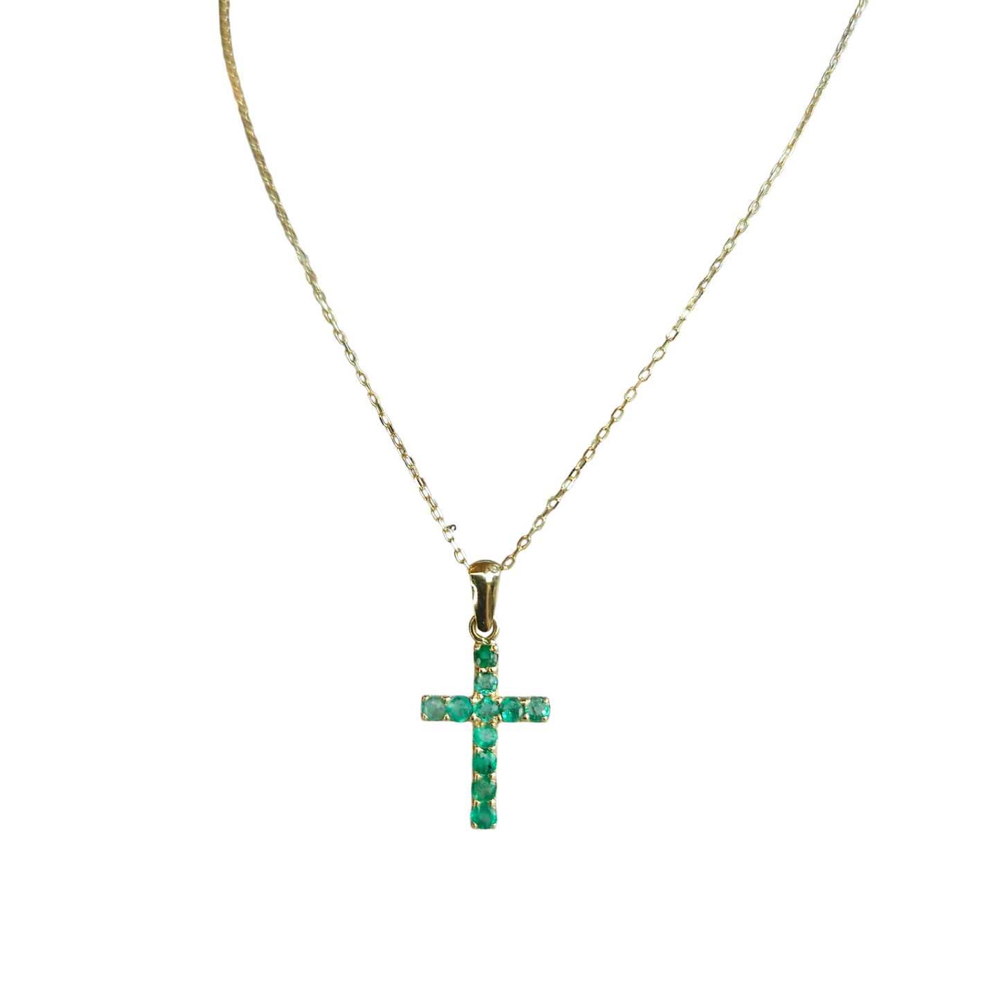 18kt Gold Chain with a cross pendant made of natural Colombian emeralds