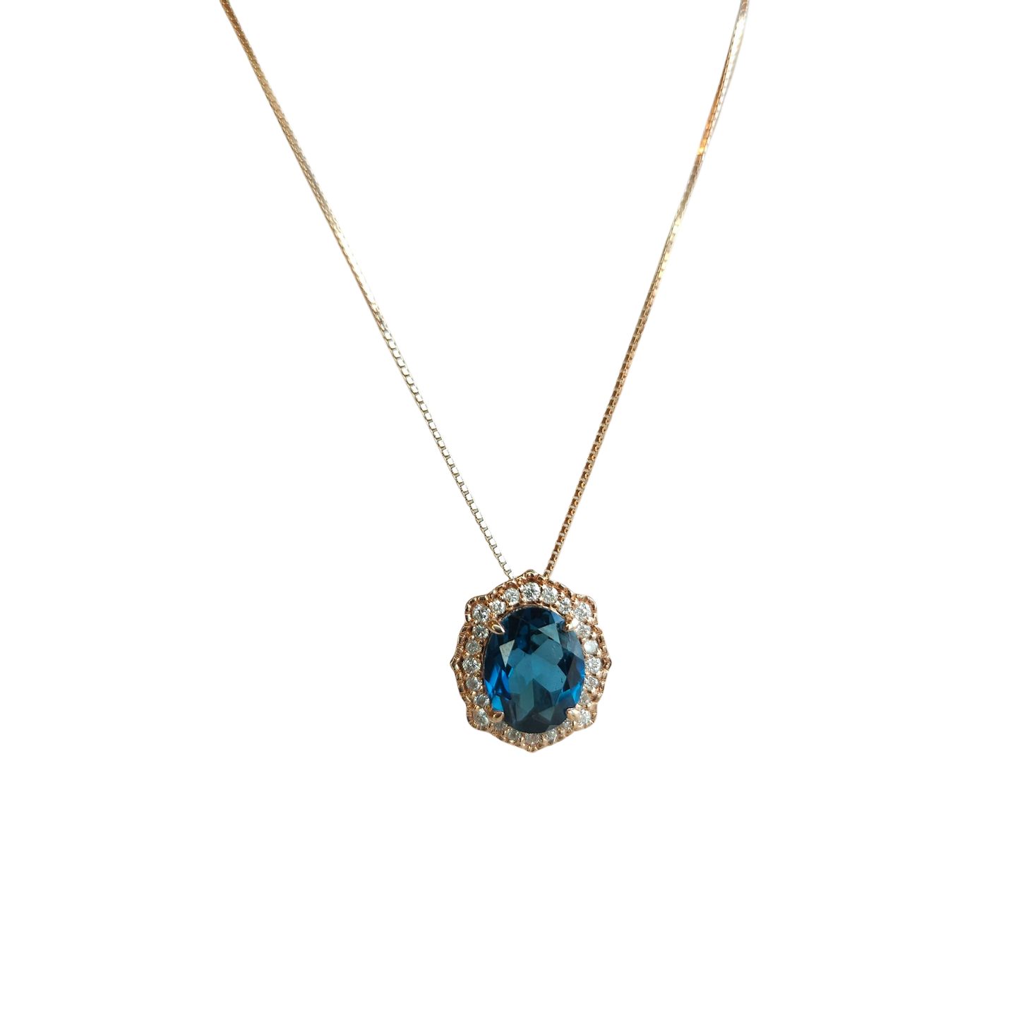 10kt Rose Gold. Chain with London Blue Topaz and Natural Diamond Pendant