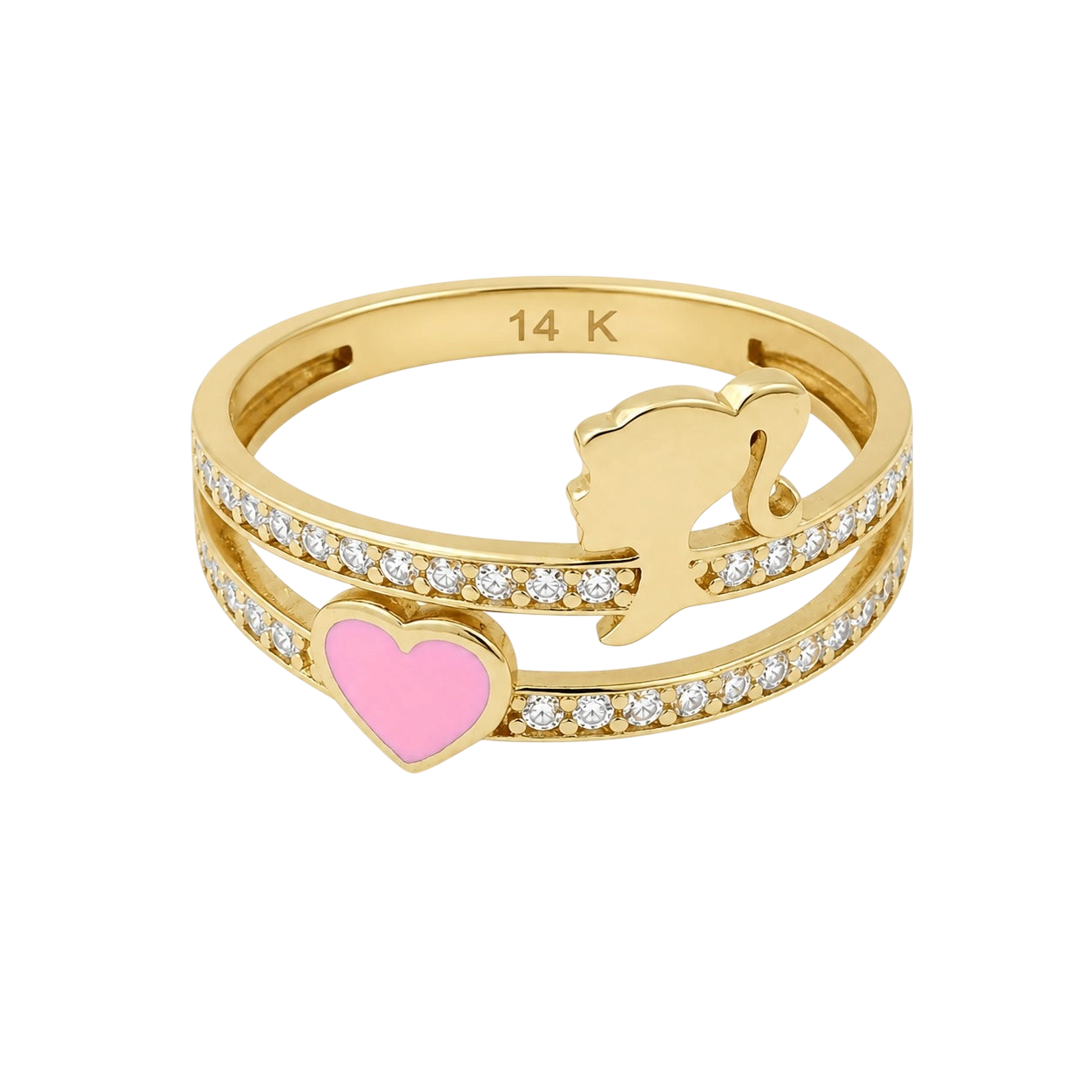 Elda Esther Jewelry 14k gold double-band ring featuring a silhouette, a pink enamel heart, and sparkling cubic zirconia.