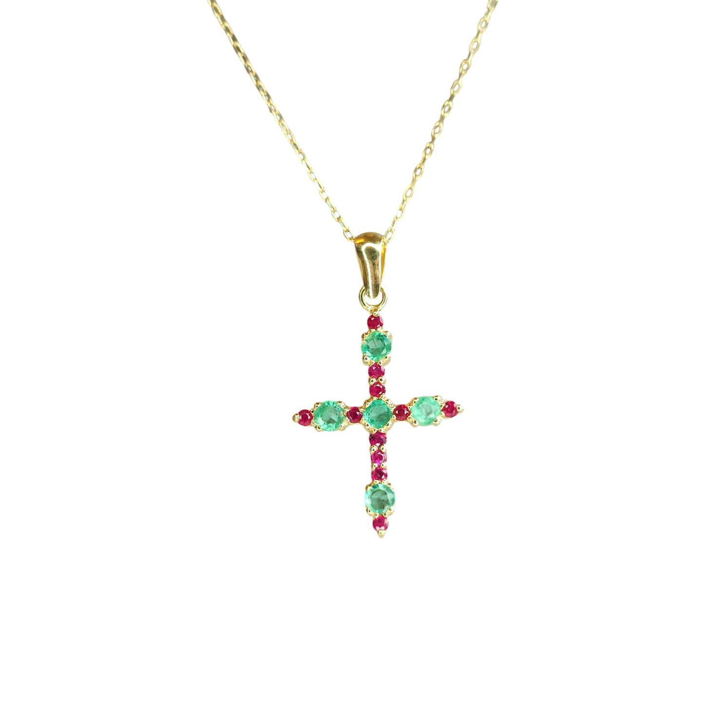 18kt Gold Chain with a cross pendant made of natural Colombian emeralds and natural rubies