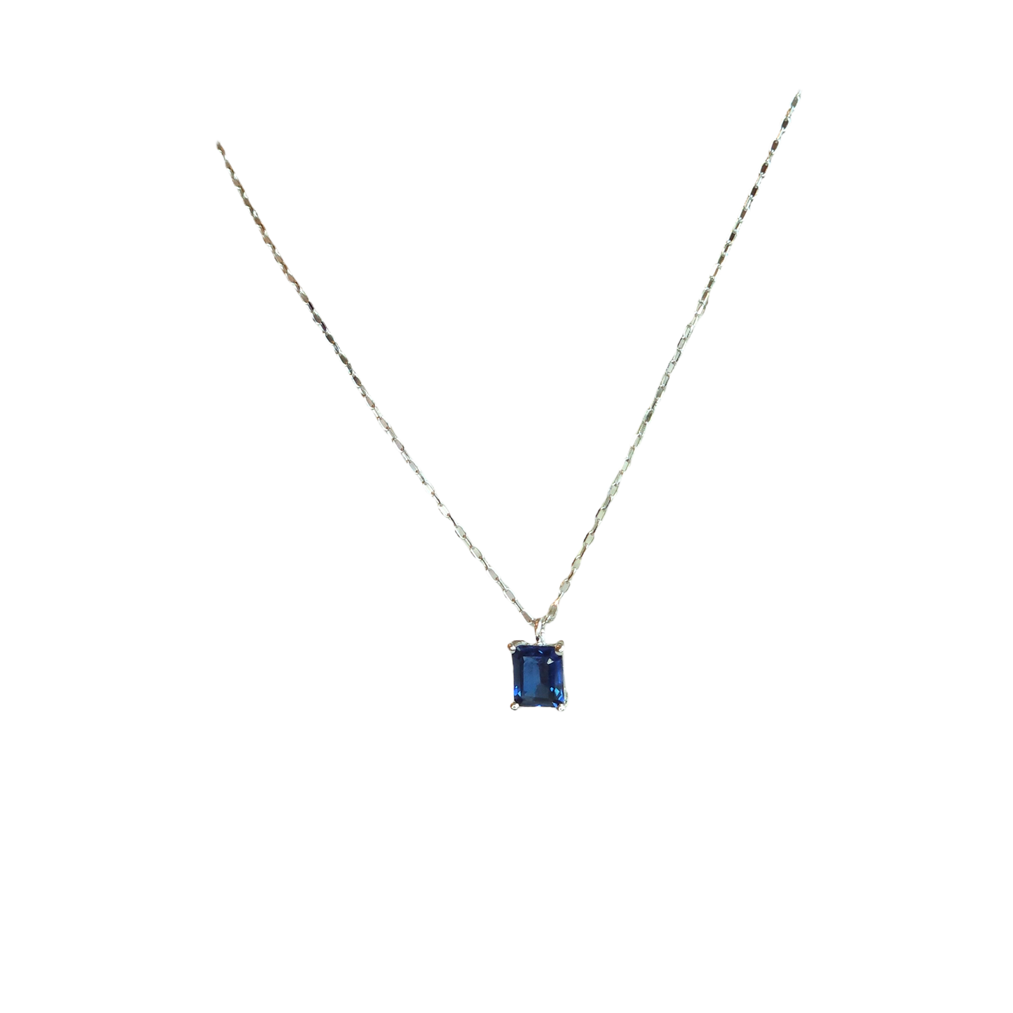 18kt white gold Chain with natural sapphire square pendant.