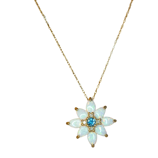 10kt Gold Chain with opal, topaz and natural diamond flower pendant