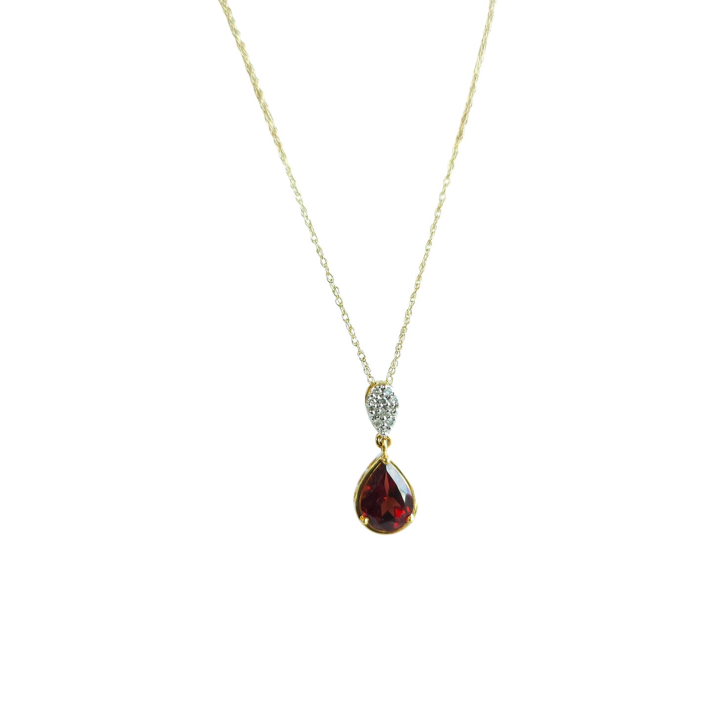 10kt Gold Drop chain with Garnet pendant (natural semiprecious stone) and white natural diamonds