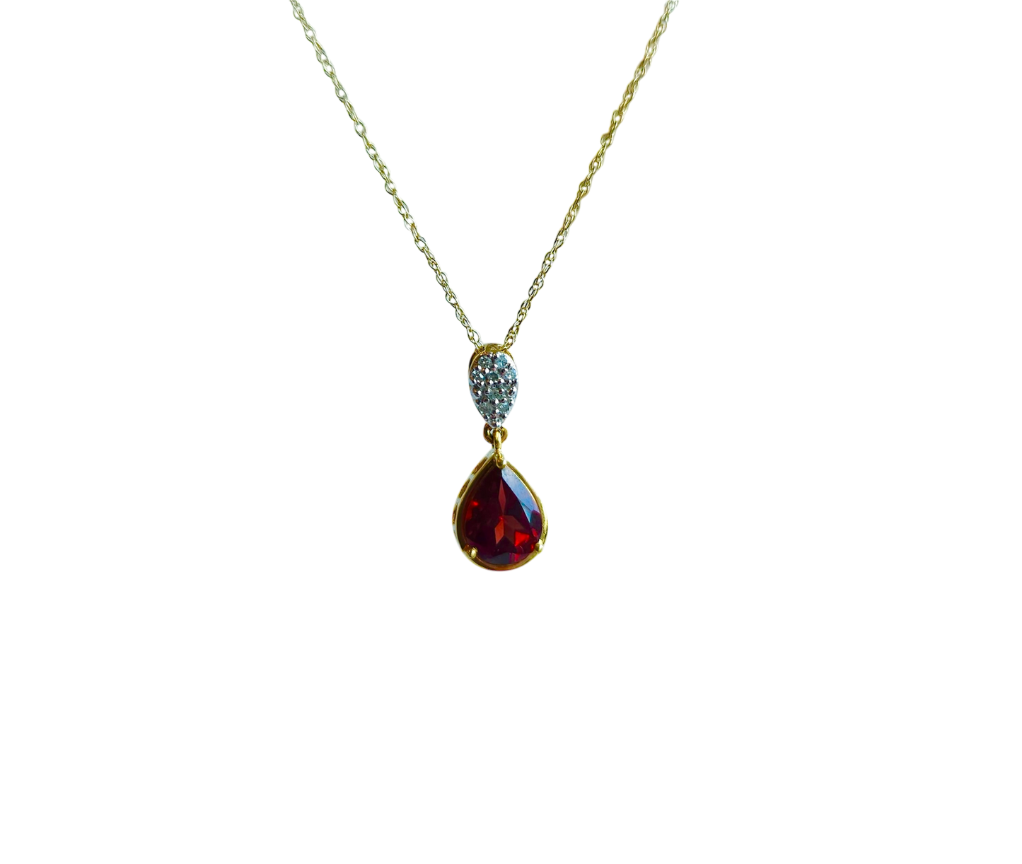 10kt Gold Drop chain with Garnet pendant (natural semiprecious stone) and white natural diamonds
