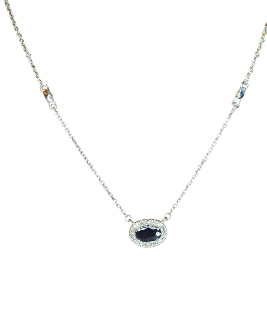 10kt White Gold Chain with sapphire and natural diamond pendant