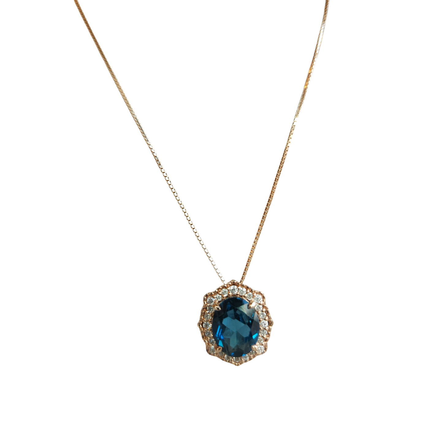 10kt Rose Gold. Chain with London Blue Topaz and Natural Diamond Pendant