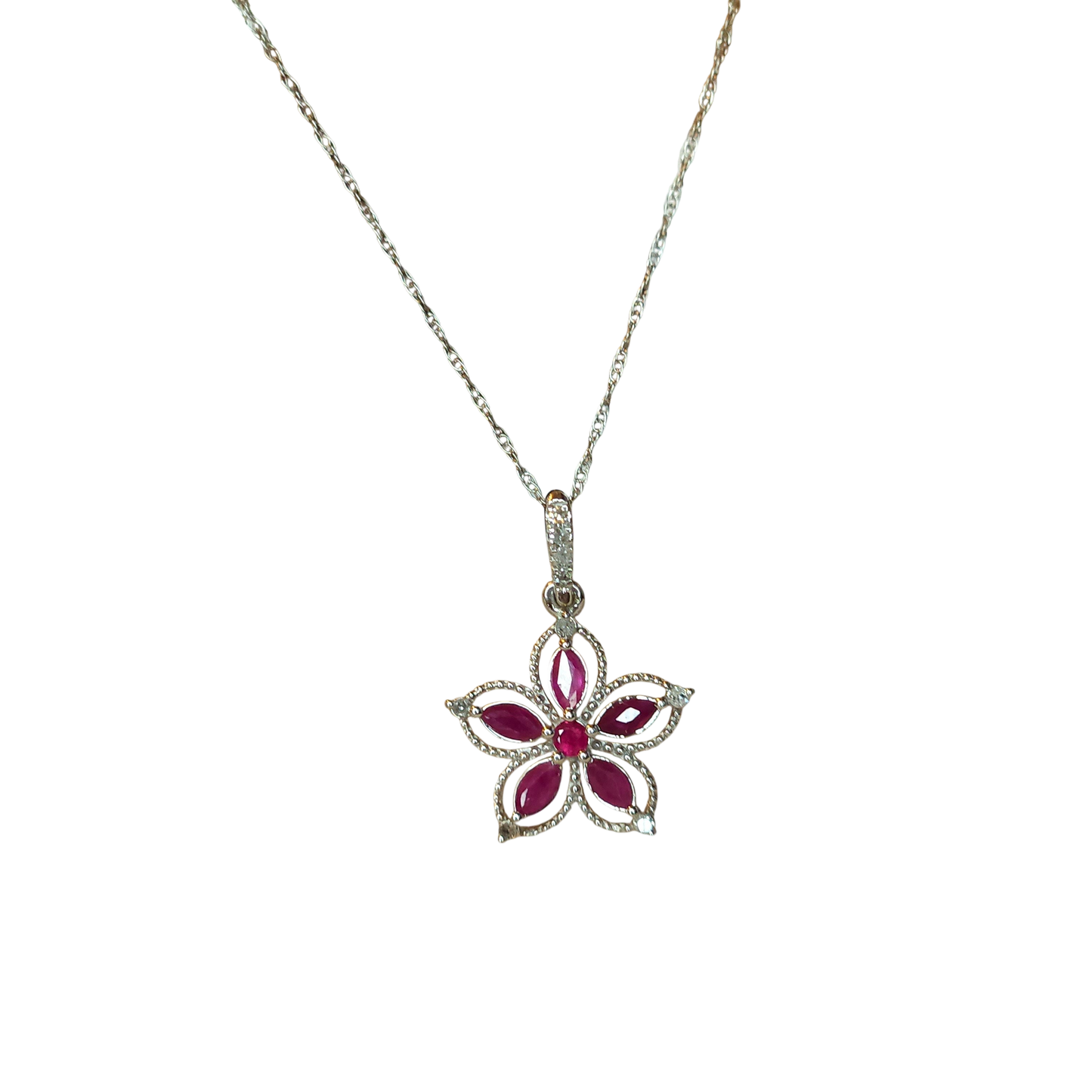 10kt White Gold Chain with ruby flower pendant and natural diamonds