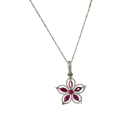 10kt White Gold Chain with ruby flower pendant and natural diamonds