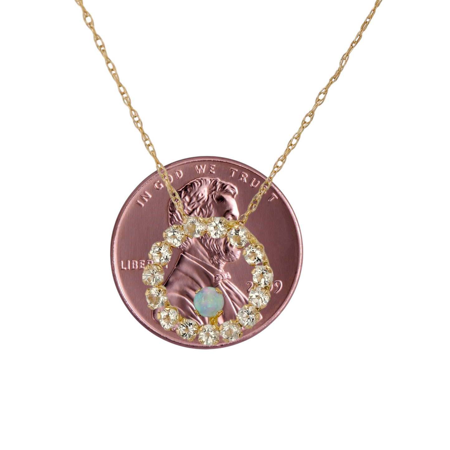 10kt yellow gold chain with white topaz and created opal circle pendant