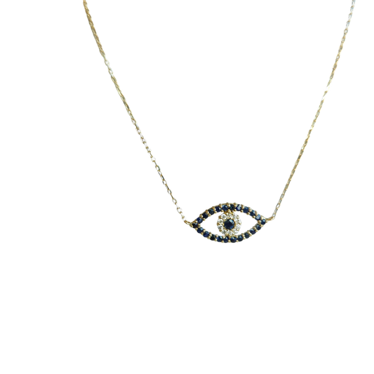 18kt Gold Chain with Turkish eye pendant made of Sapphires and diamonds.
