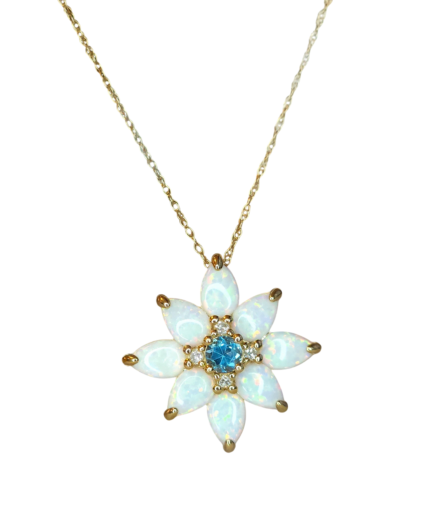 10kt Gold Chain with opal, topaz and natural diamond flower pendant