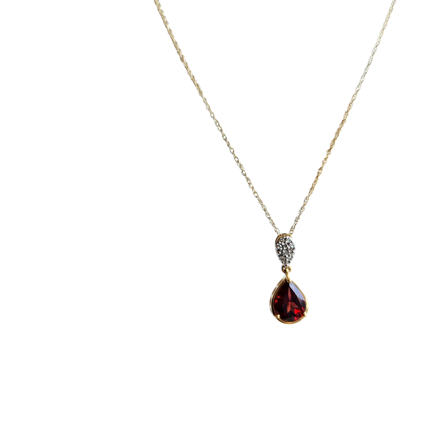 10kt Gold Drop chain with Garnet pendant (natural semiprecious stone) and white natural diamonds