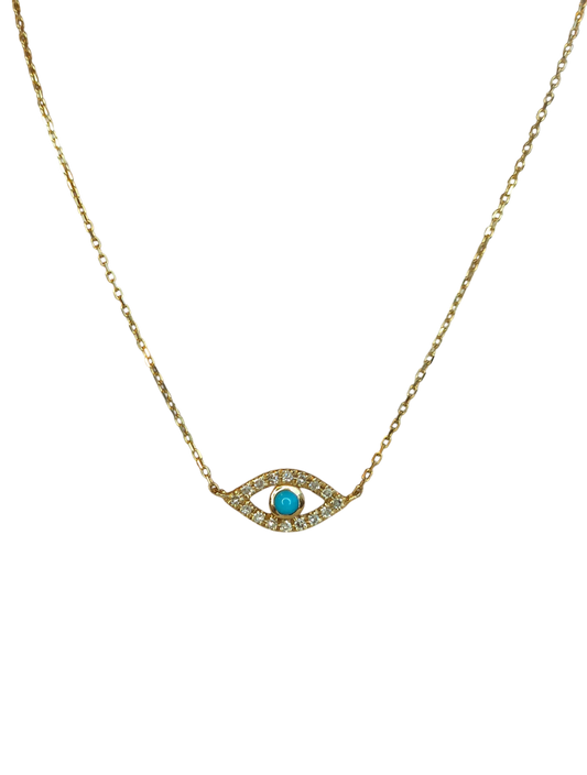 14kt Gold Chain with natural diamond and turquoise Turkish evil eye pendant