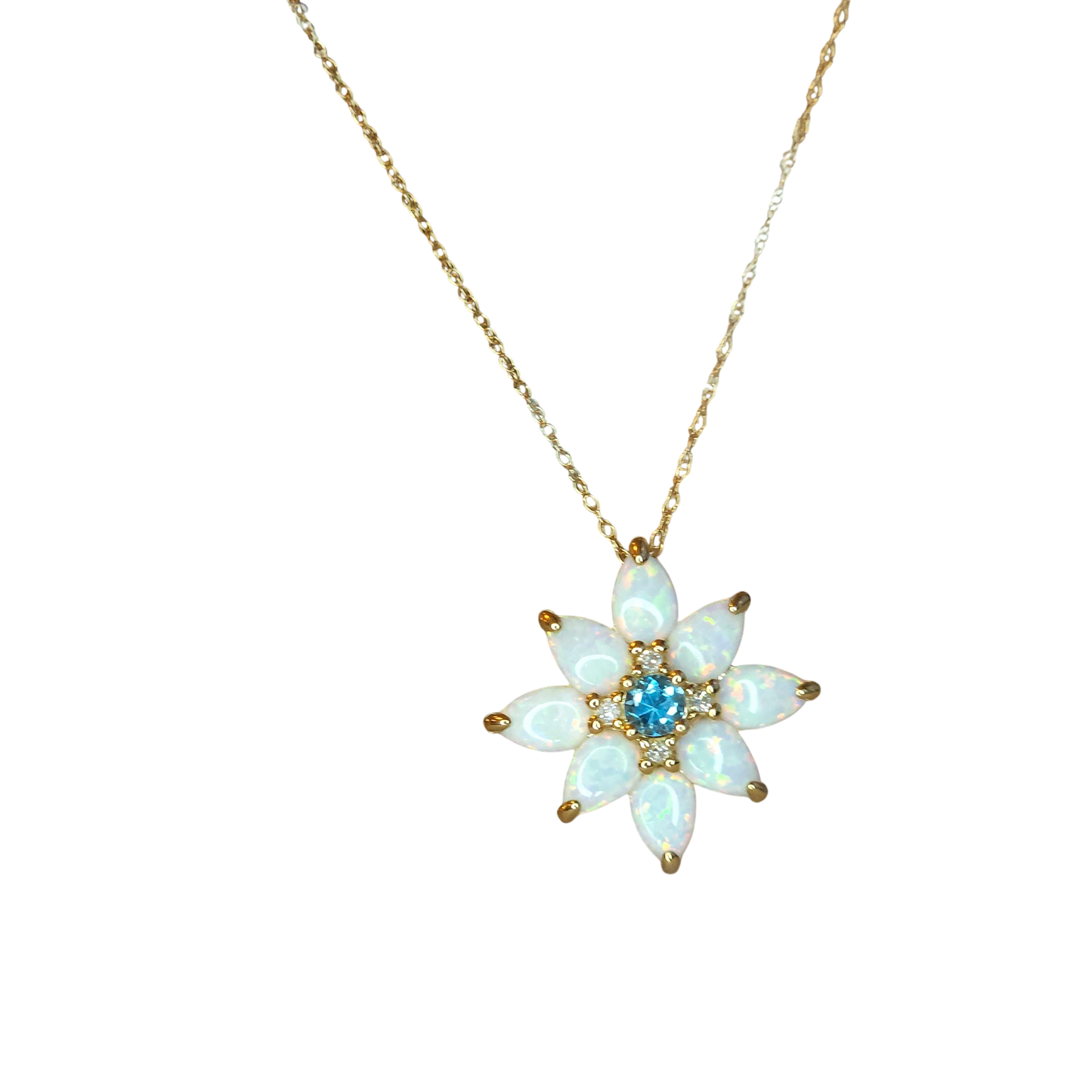 10kt Gold Chain with opal, topaz and natural diamond flower pendant