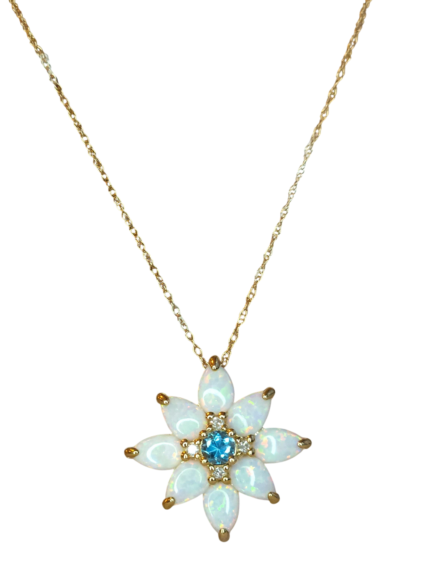 10kt Gold Chain with opal, topaz and natural diamond flower pendant